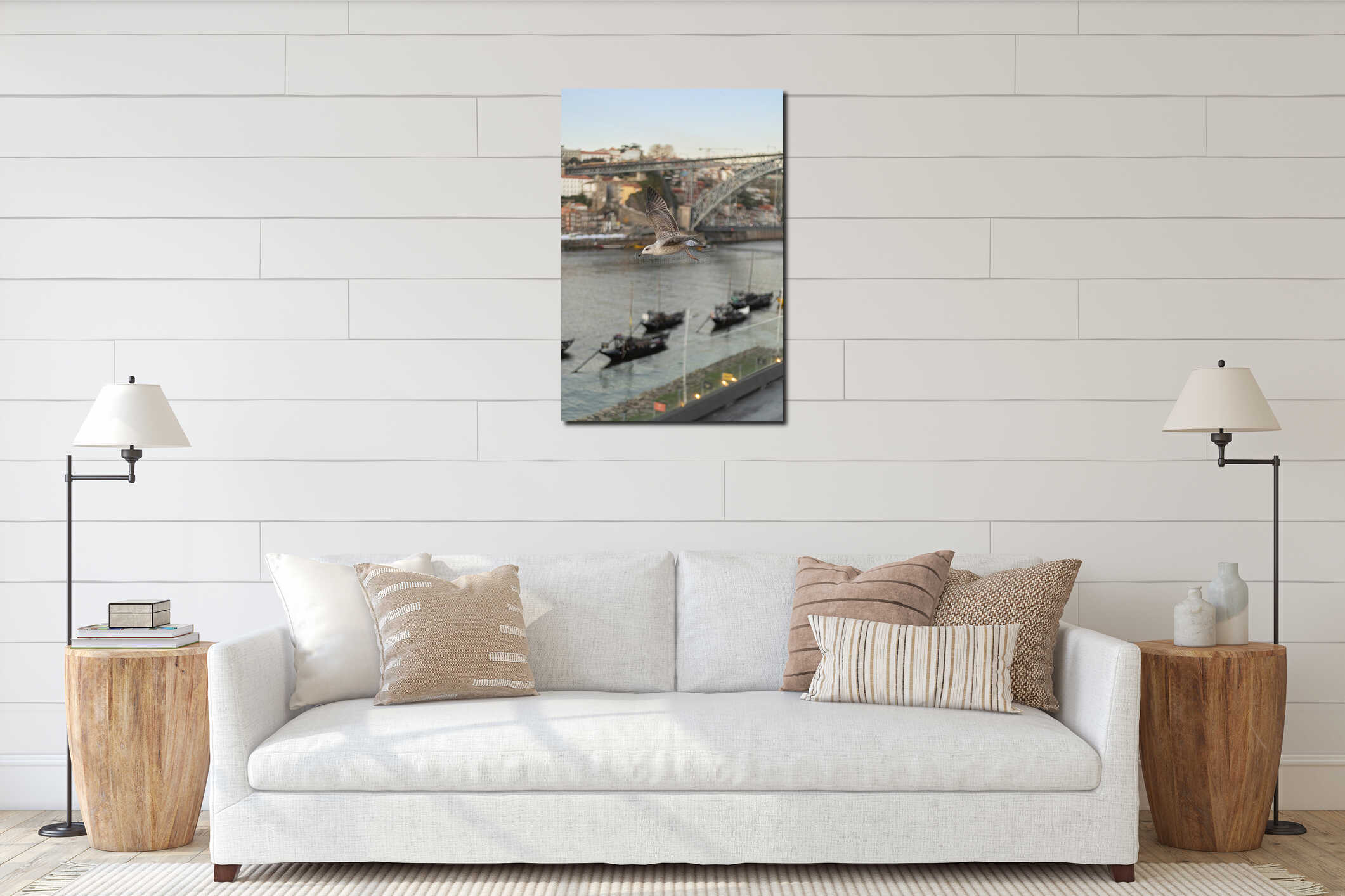Seagull flying over Douro river interior mockup