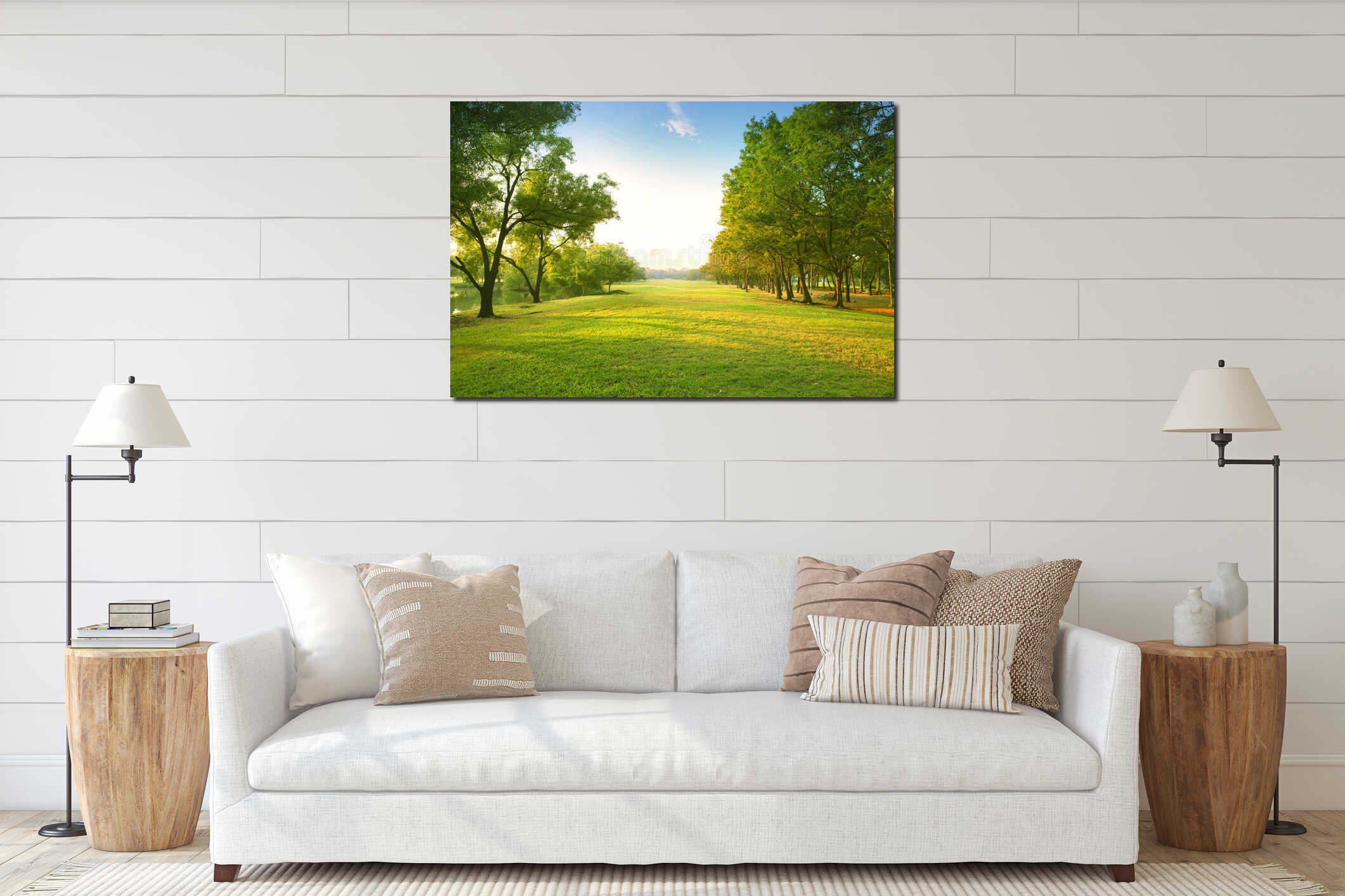 Beautiful morning light in public park with green grass field an interior mockup