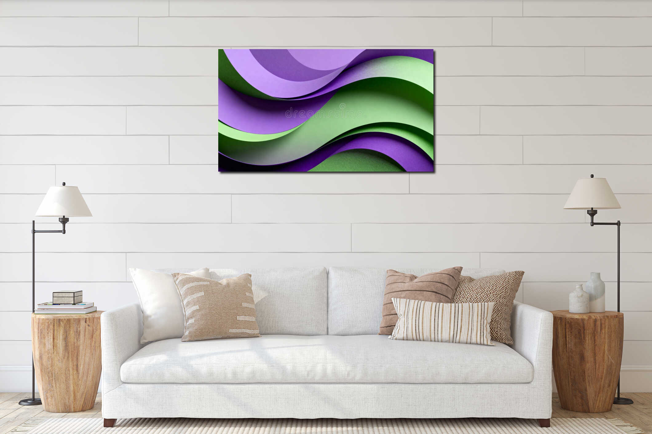 Abstract background of layered paper waves in purple and green. Modern geometric design with flowing curves and 3D depth interior mockup