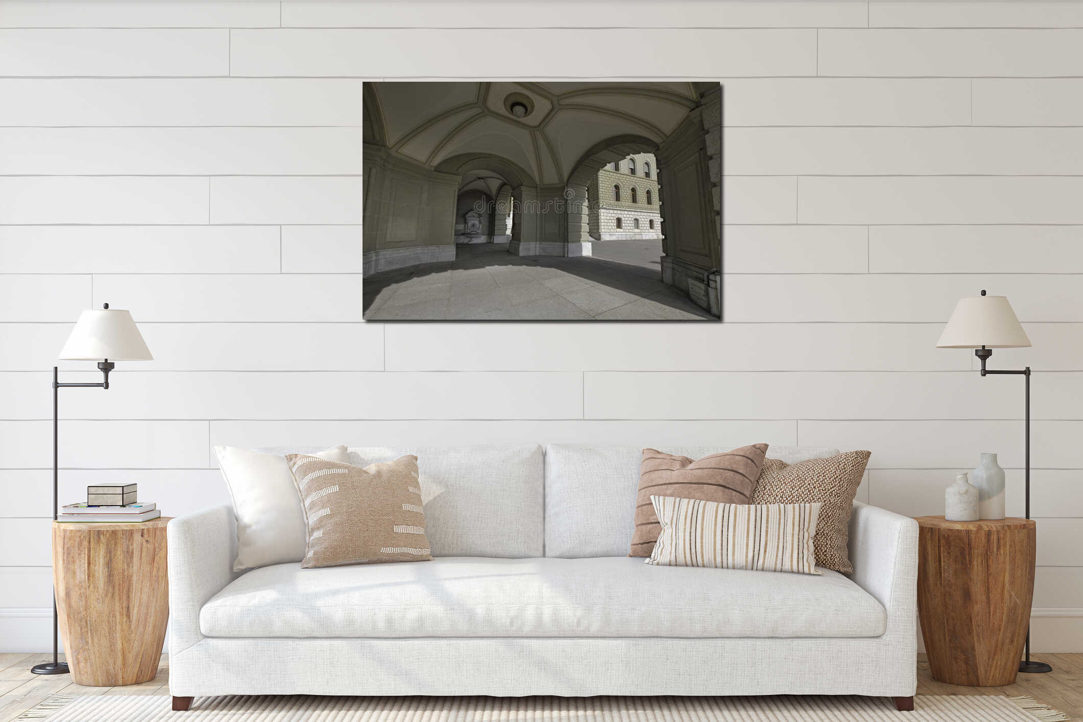 Arcades and columns of the Swiss Parliament building in Bern with vaulted ceiling and historic stone architecture, Switzerland interior mockup