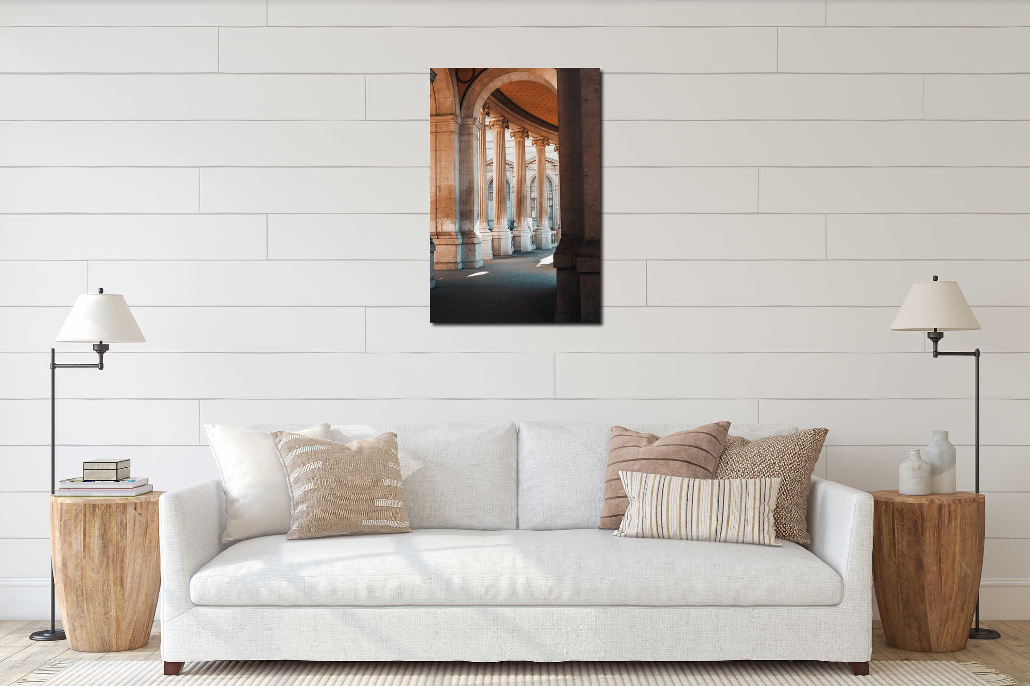 Elegant architectural corridor with sunlit columns and arches in a historic building interior mockup