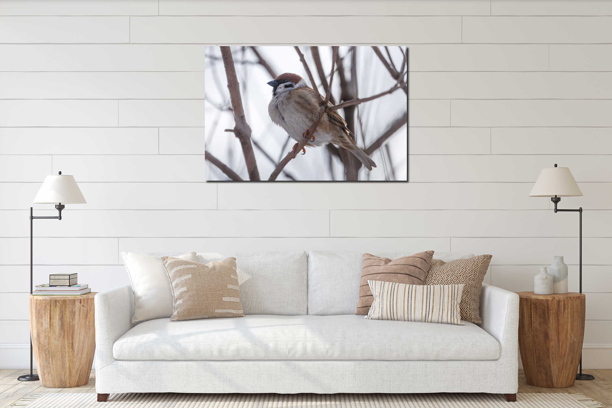 A small brown bird is perched on a branch interior mockup