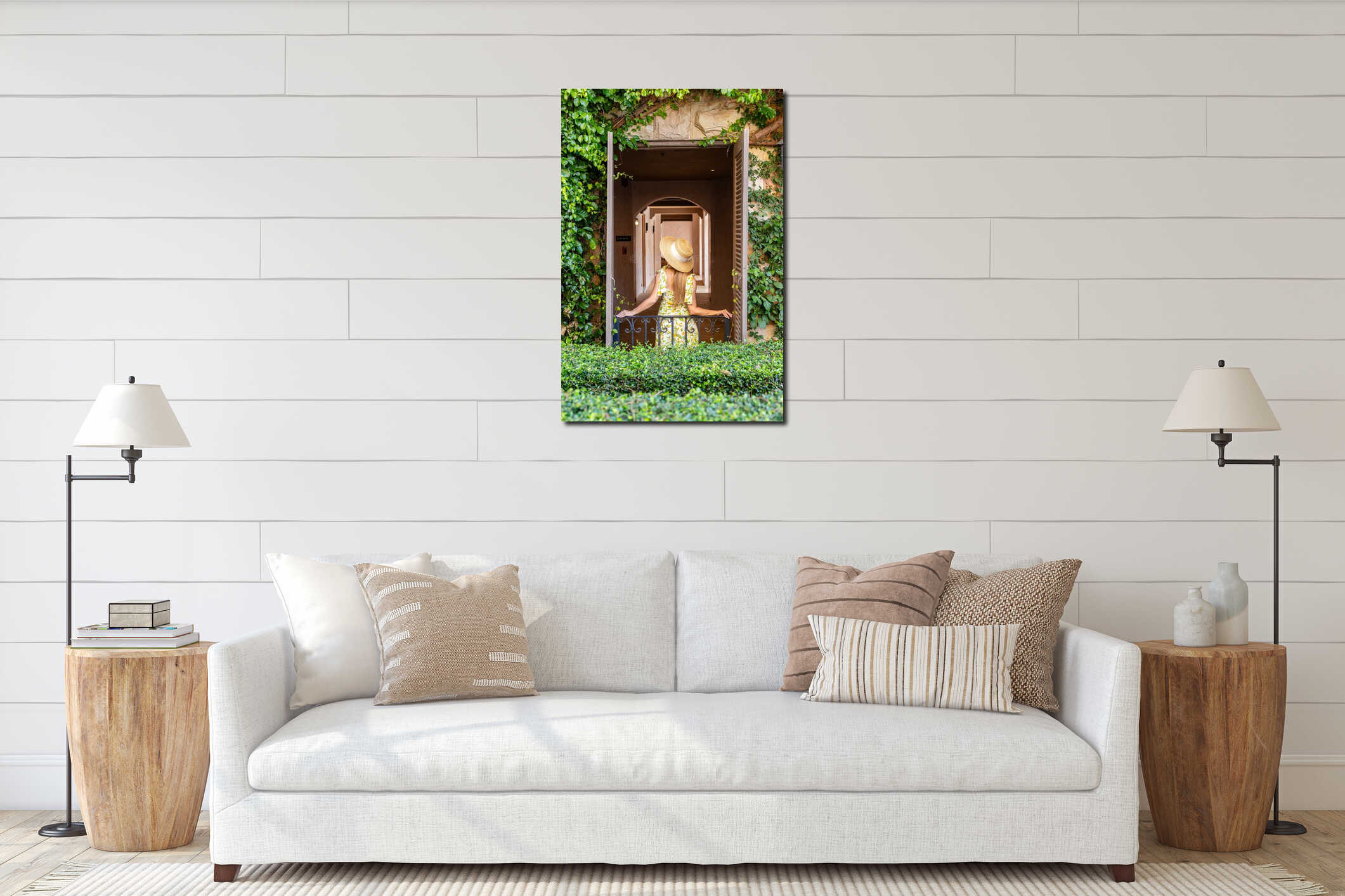 Woman in straw hat looking into Mediterranean villa hallway interior mockup