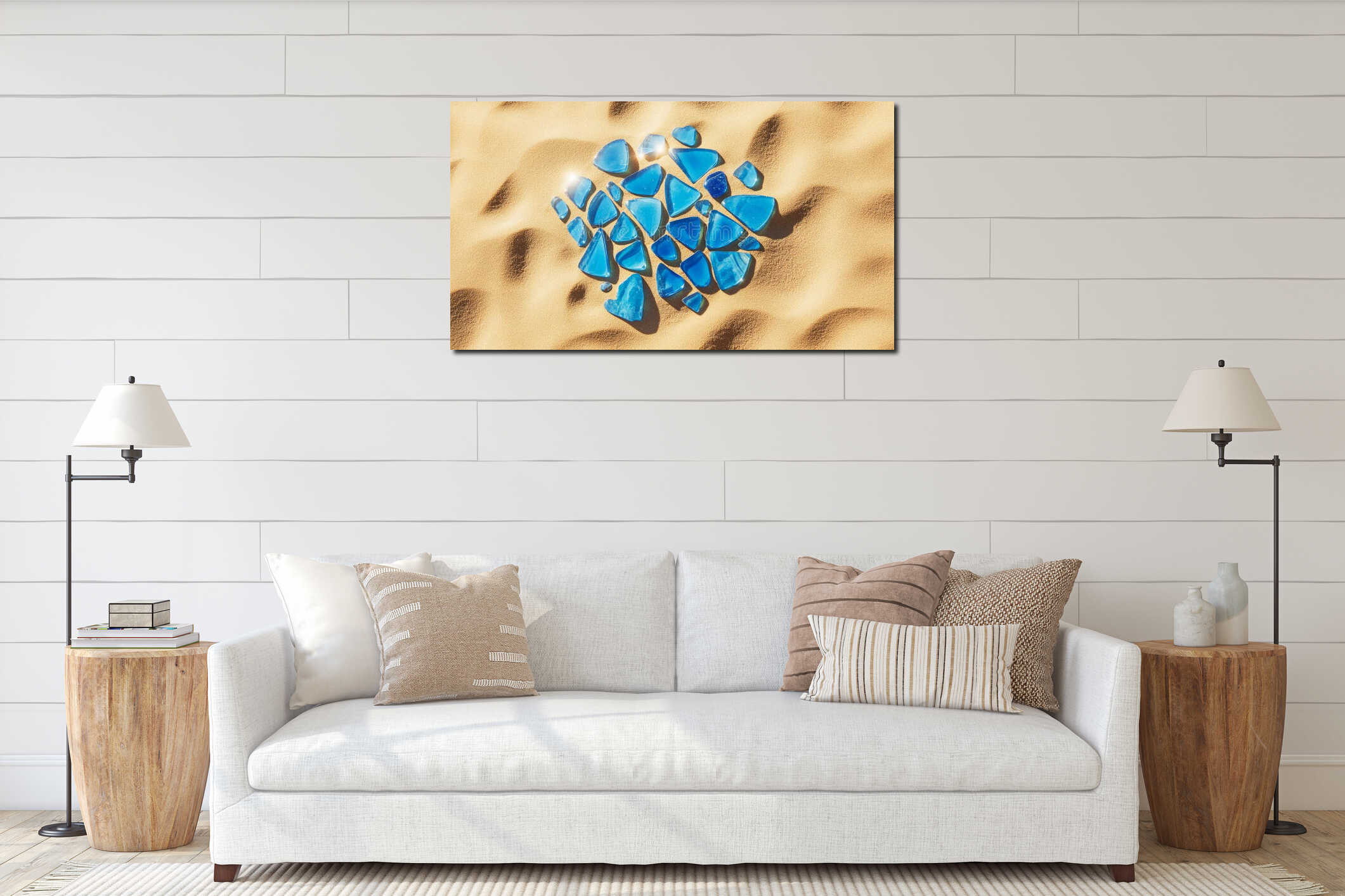 Heart Shaped Arrangement of Blue Sea Glass on a Tranquil Sandy Beach Under Soft Morning Light interior mockup