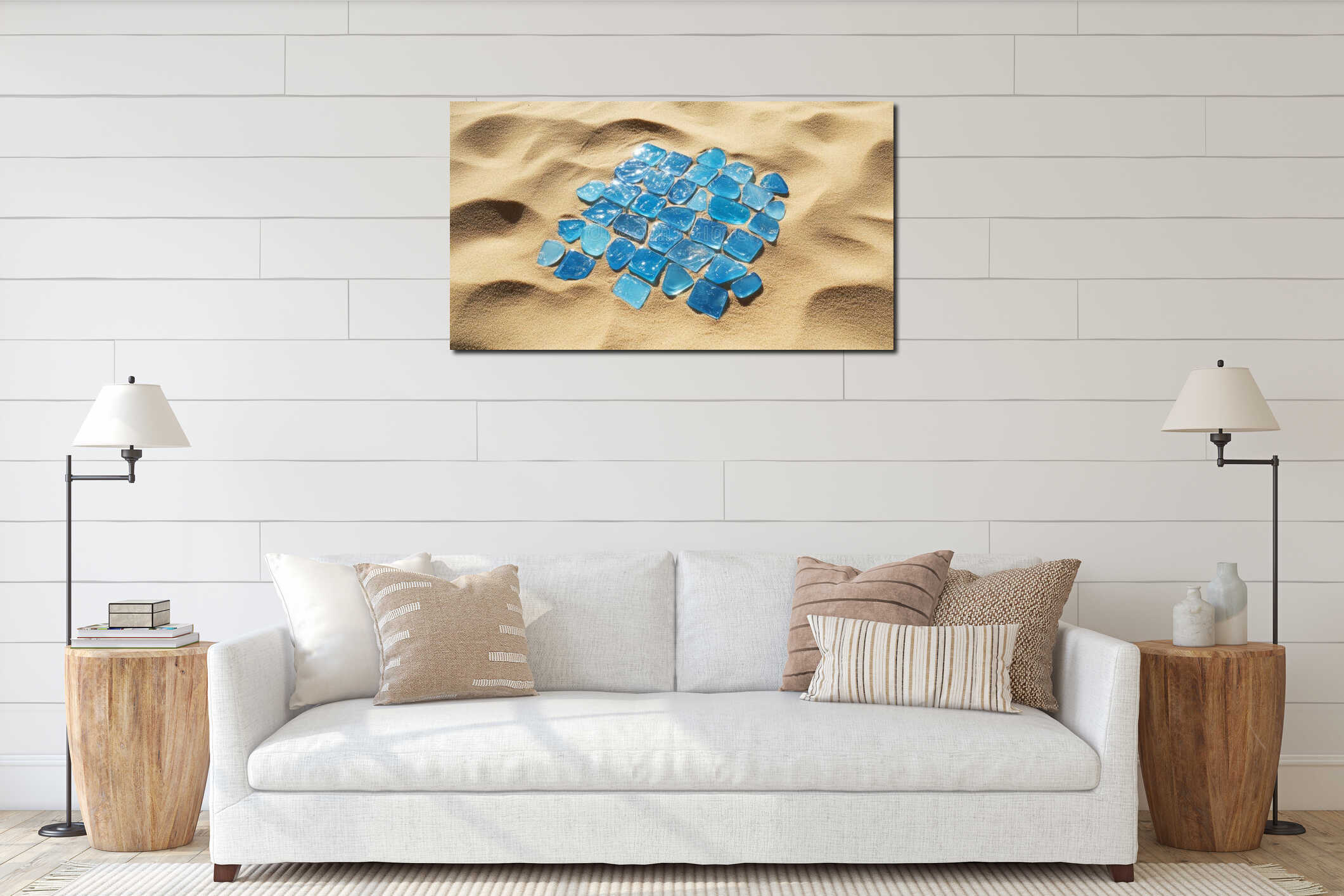 A Beautiful Pile of Blue Sea Glass Shimmering Under the Warm Sunlight on a Sandy Beach interior mockup