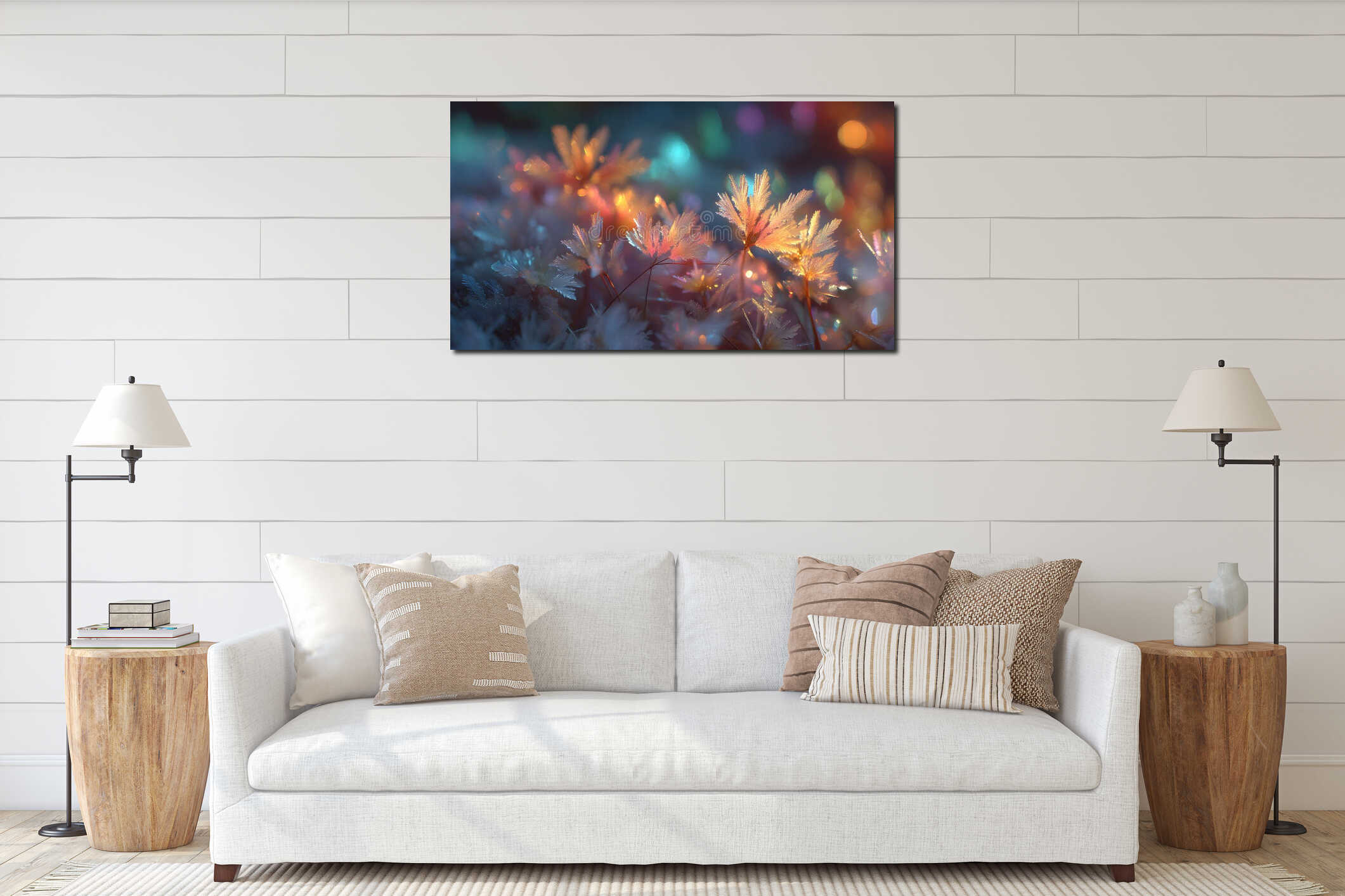 Vibrant Frosty Blossoms: Enchanting Nature Abstraction in Evening Light for Digital Art Design Generative AI interior mockup