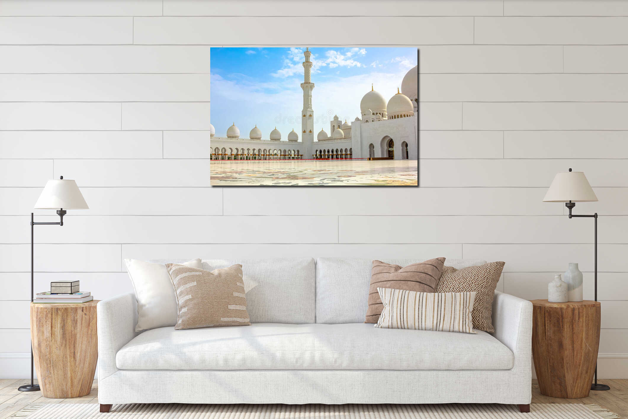 Sheikh Zayed Grand Mosque exterior with minaret and domes interior mockup