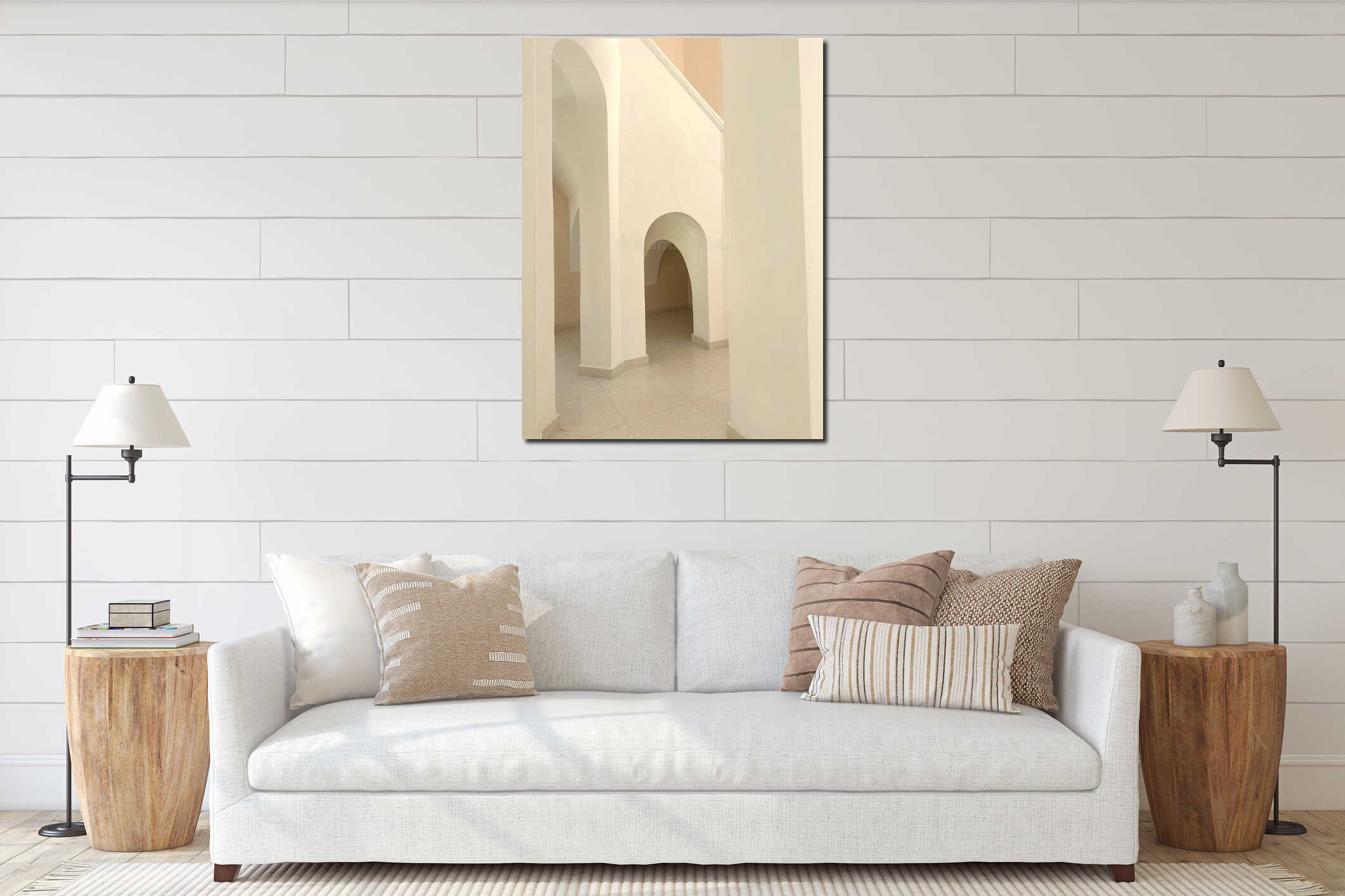 White Arched Corridor with Mediterranean-Inspired Architectural Design interior mockup