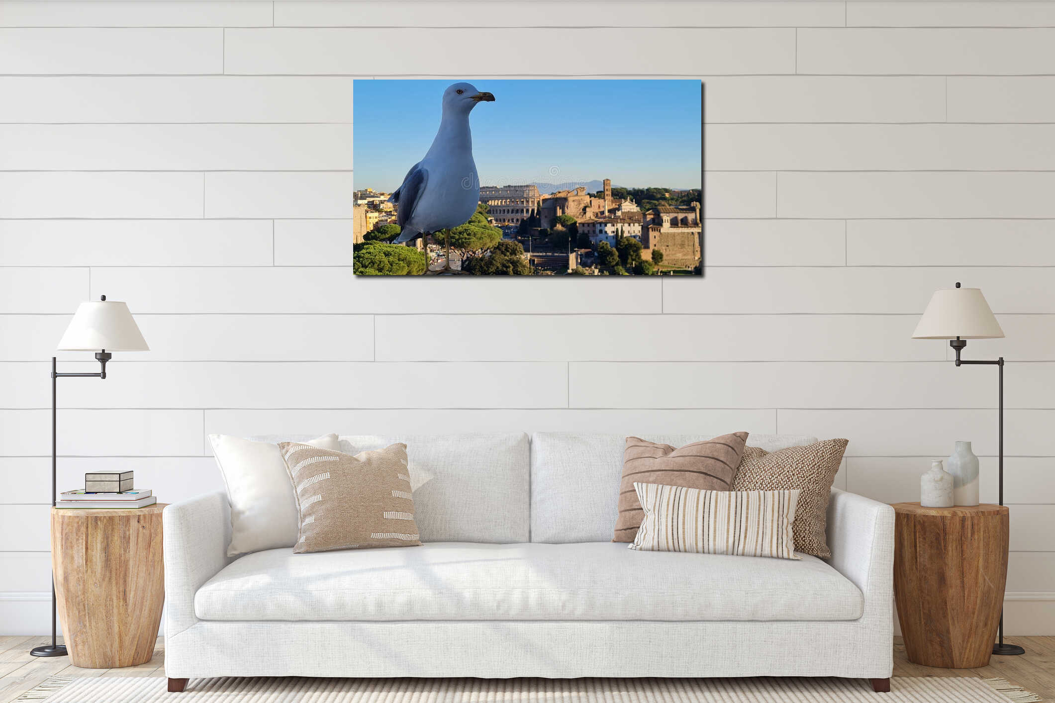 A seagull dominates this image of Rome, Italy , with its colosseum in the backdrop, europe, travel, landmark interior mockup