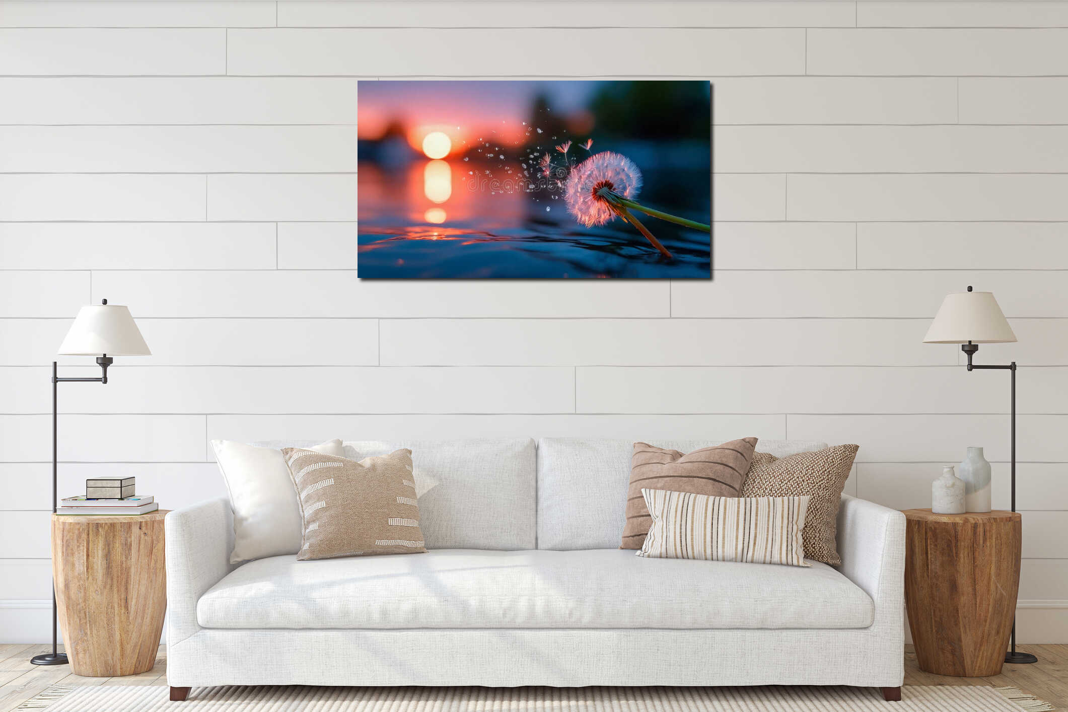 Delicate dandelion seed head floating on calm water at sunset, poetic nature scene with glowing reflections and soft interior mockup