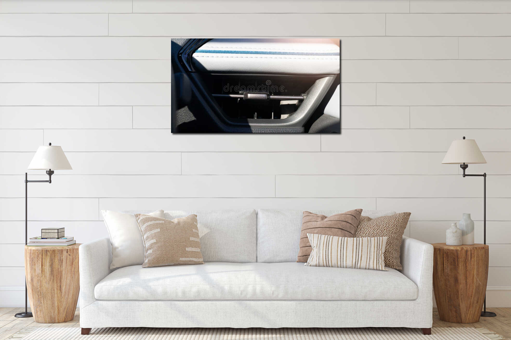 Close up of a modern car dashboard air conditioning vent. interior mockup