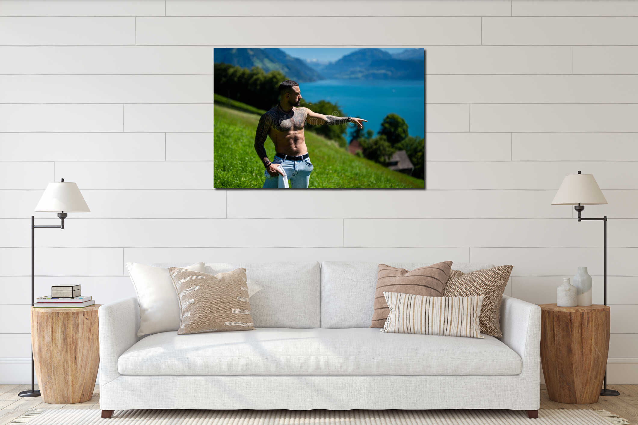 Travel portrait with muscular man hiking mountain path. Travel adventure with confident man near alpine lake. Travel lifestyle interior mockup