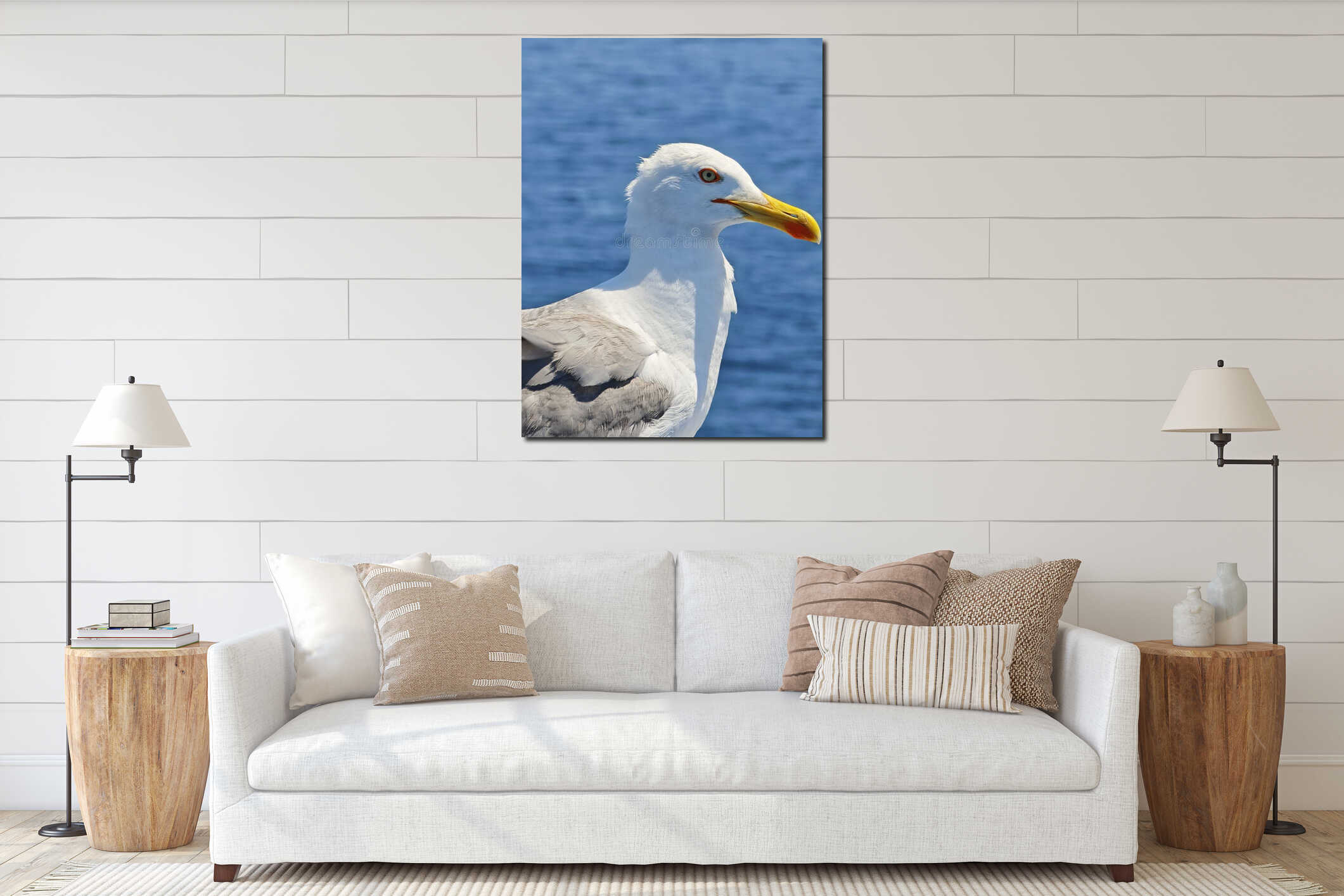 Close-up Profile of a Seagull Against Blue Water interior mockup