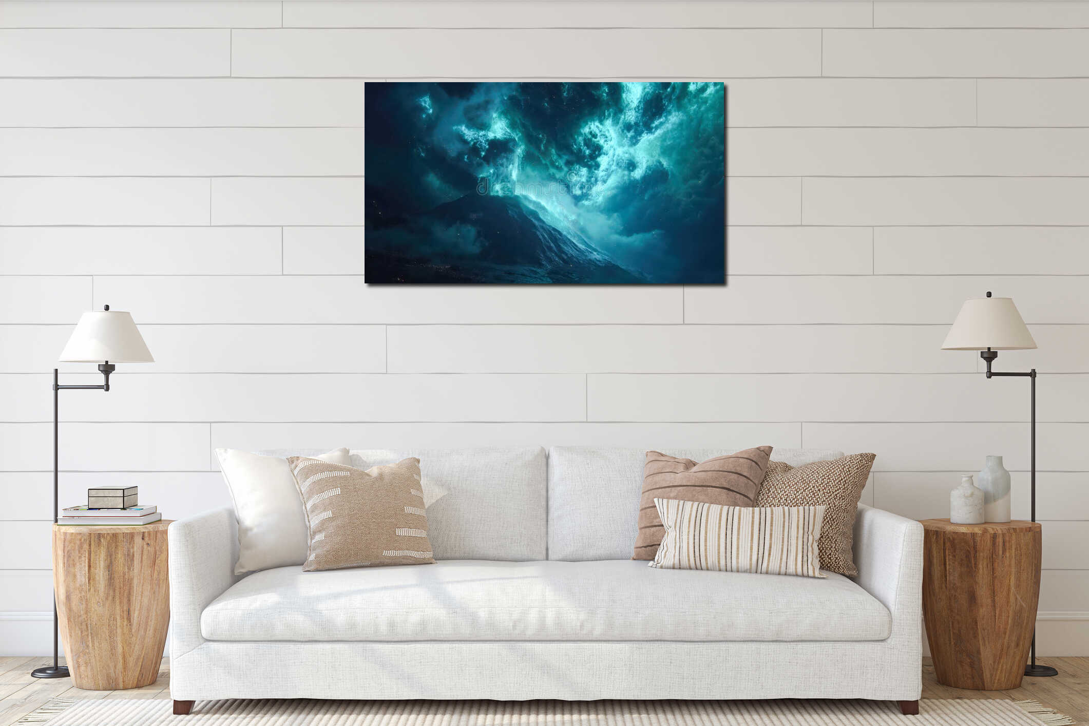 An underwater volcano erupting with a glowing blue plume, a deep sea landscape with glowing energy and a dark ocean atmosphere interior mockup