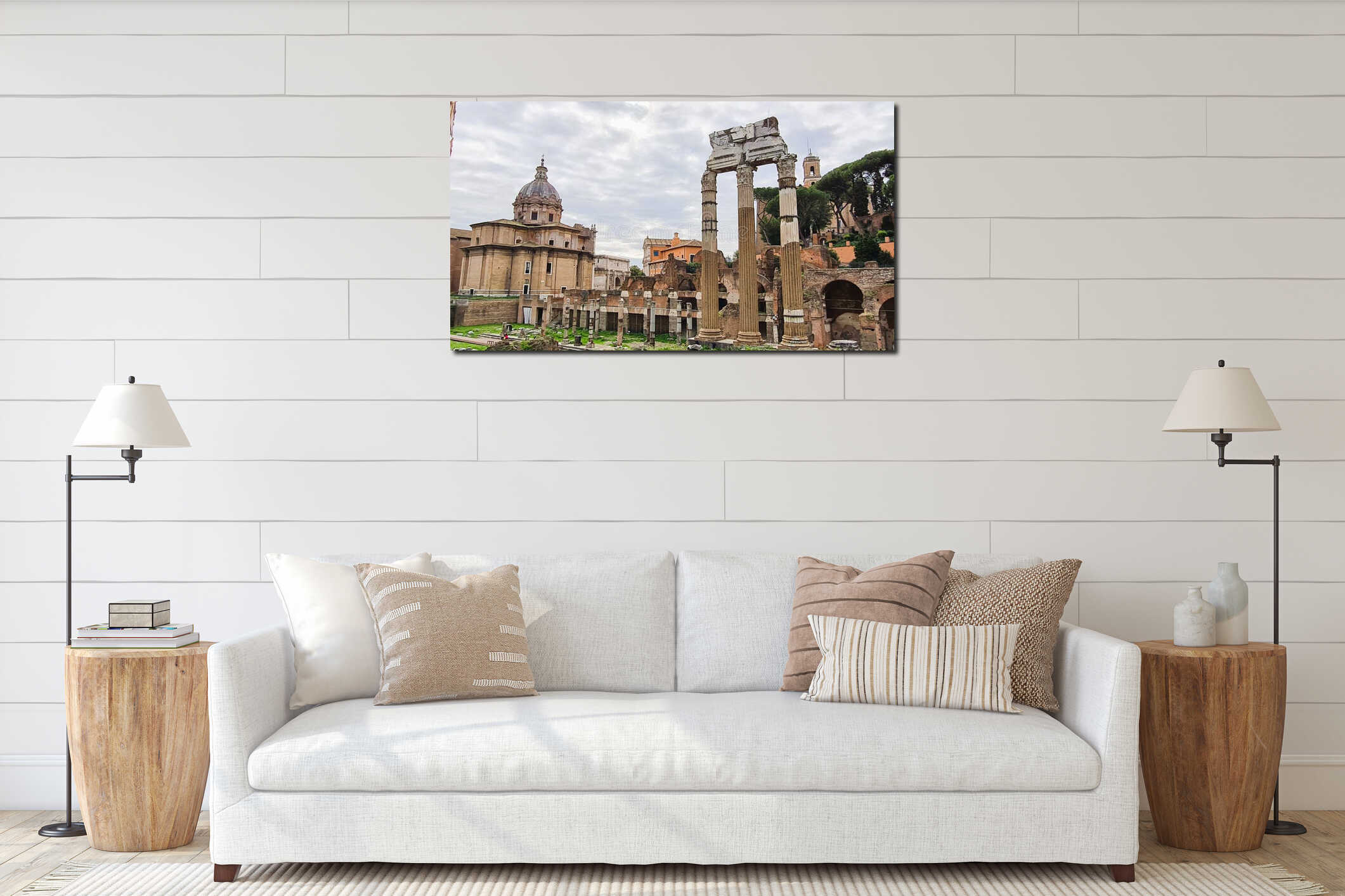 Foro Romano in Rome, italy, including ruins, columns and stone structures, Europe, travel landmark interior mockup