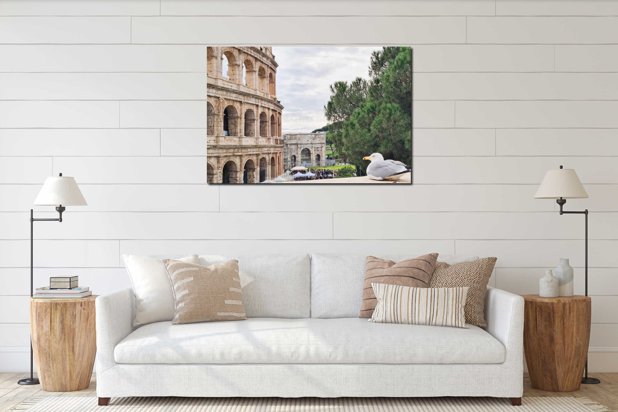 The Colosseum in Rome, with some lush greenery close by and in front with a seagull , Italy, europe interior mockup
