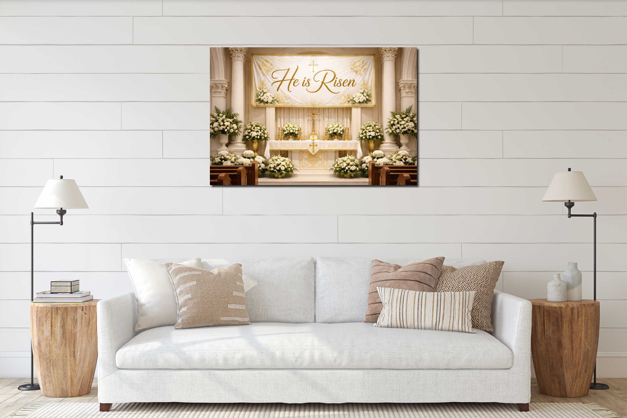 Elegant easter church altar adorned with white flowers and gold cross beneath 'he is risen' banner. concept of religious interior mockup
