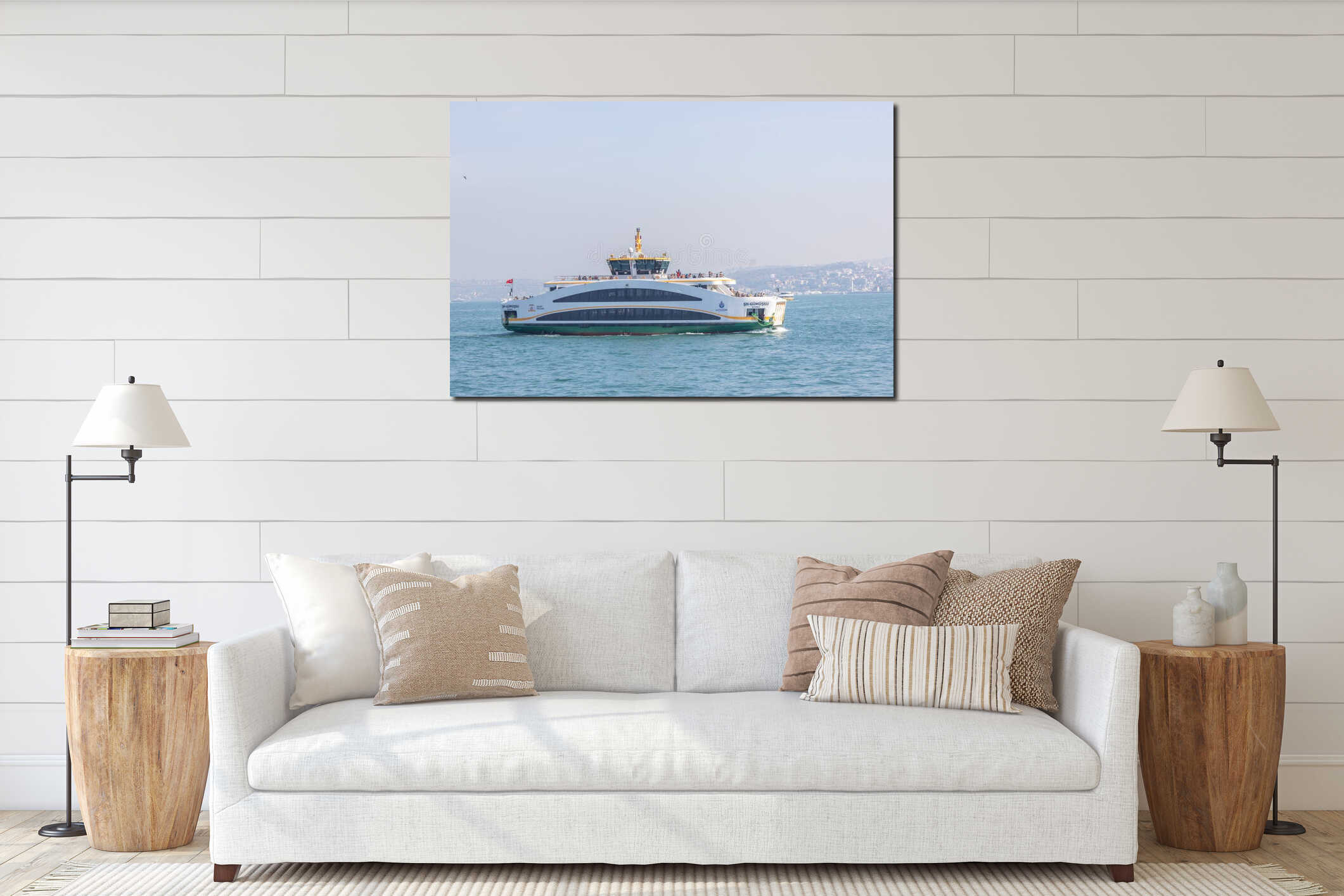 A large passenger ferry carrying people across the Bosphorus, Istanbul, Turkey. interior mockup