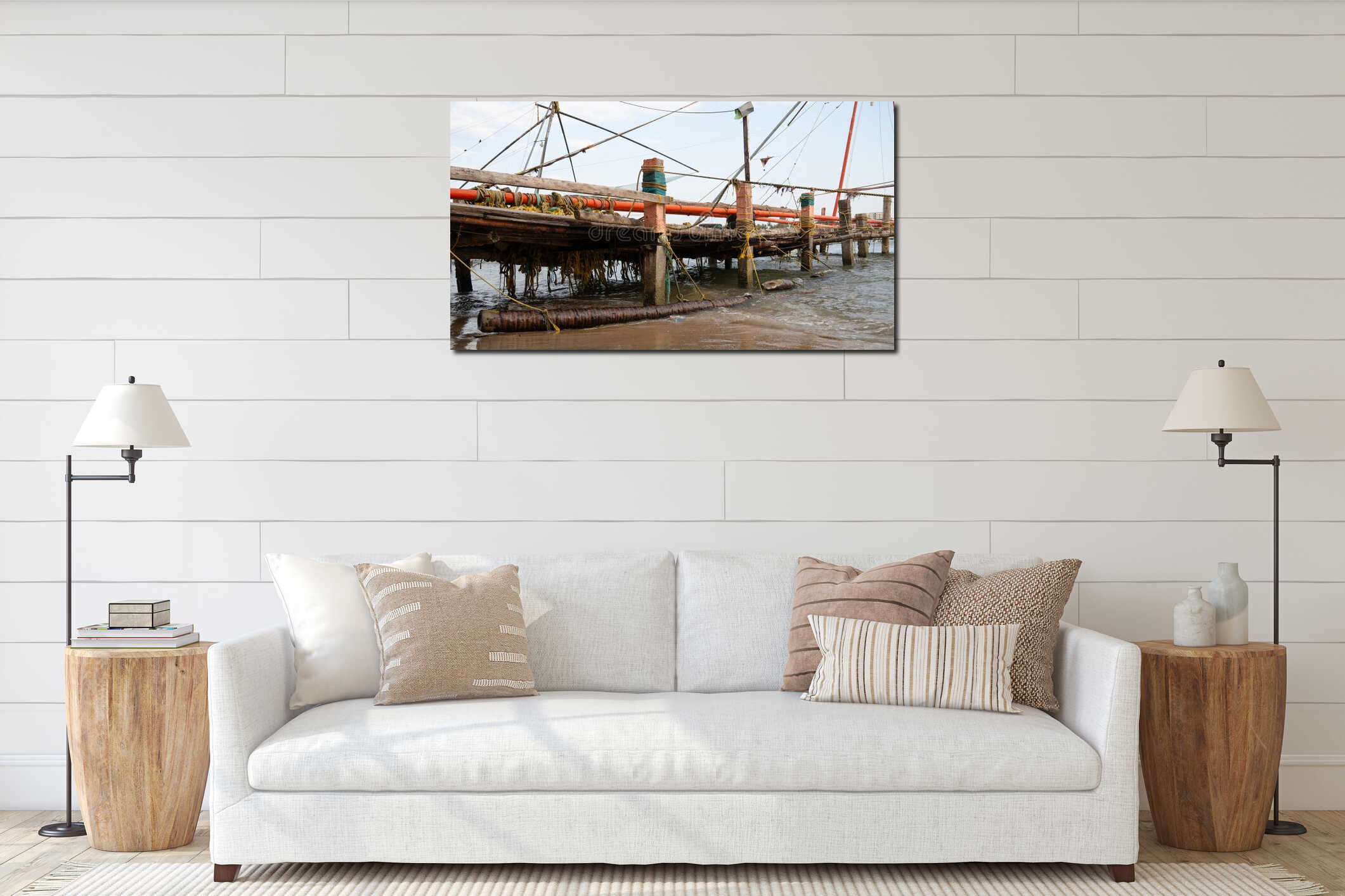 Jetty of chinese fishing net, shore of Kochi, Kerala in India, Cheena vala or tangkul, traditional stationary lift nets interior mockup