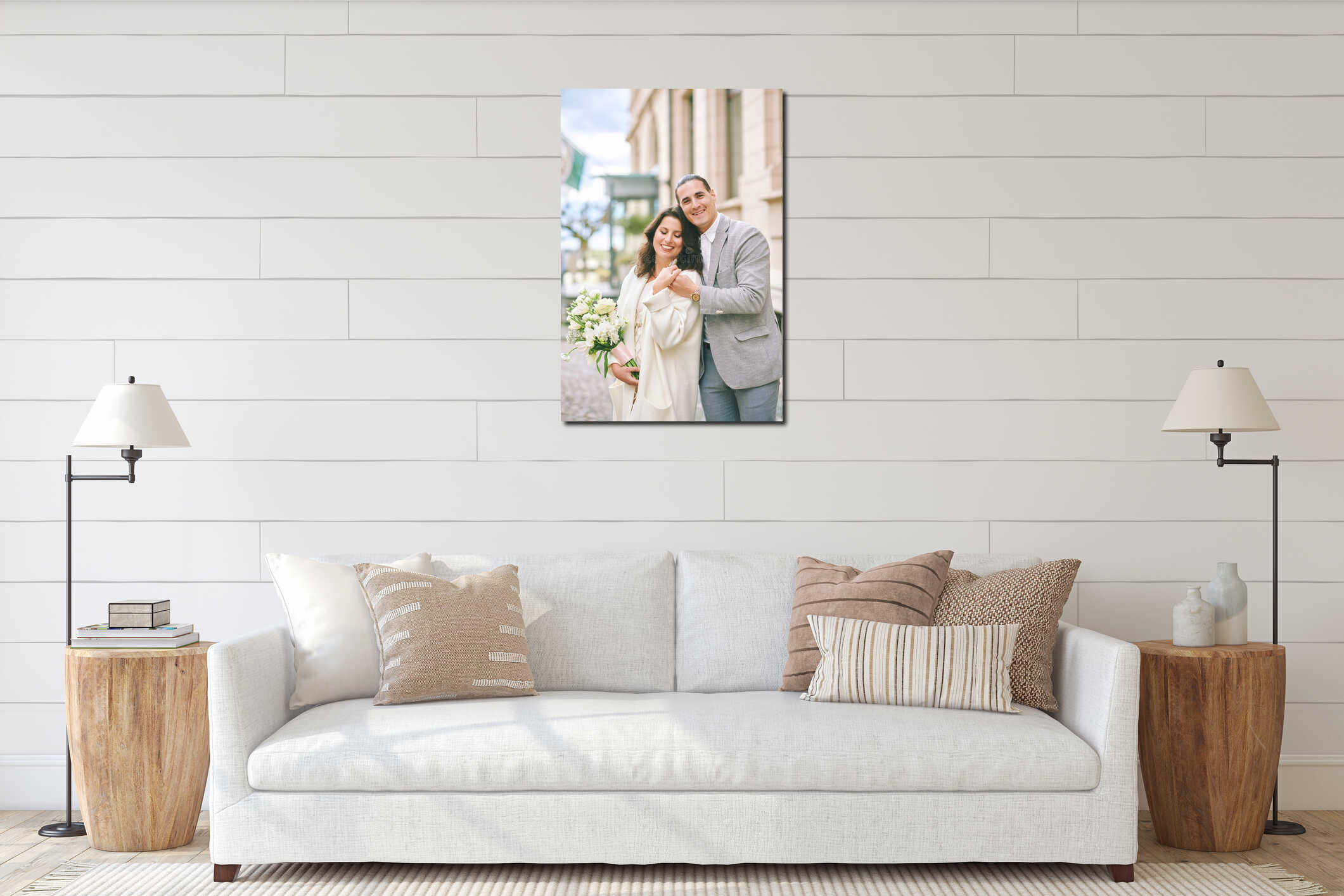Happy romantic couple portrait on charming European street with bride holding bouquet interior mockup