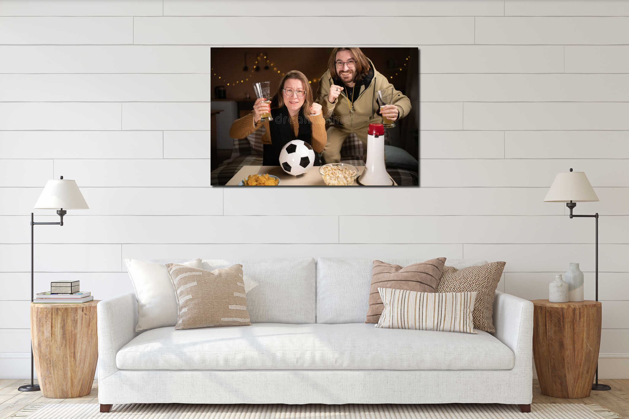 A couple of football fans supporting their favorite team while watching the match on TV at home interior mockup