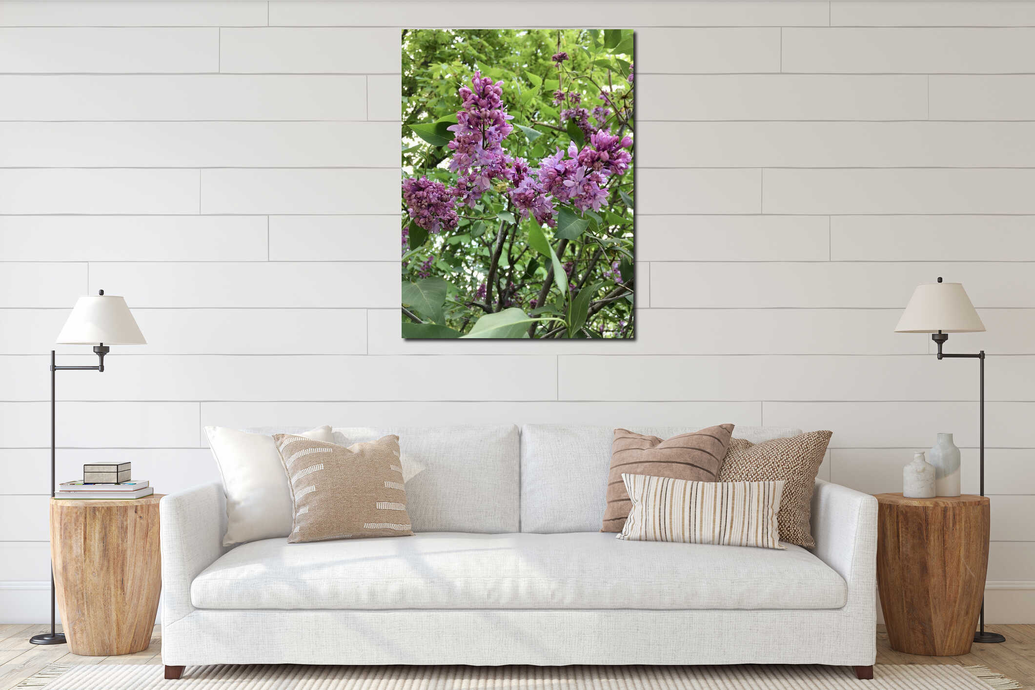 Light-purple lilac with fluffy flowers gathered in panicles surrounded with green leaves creating natural pattern vertical interior mockup