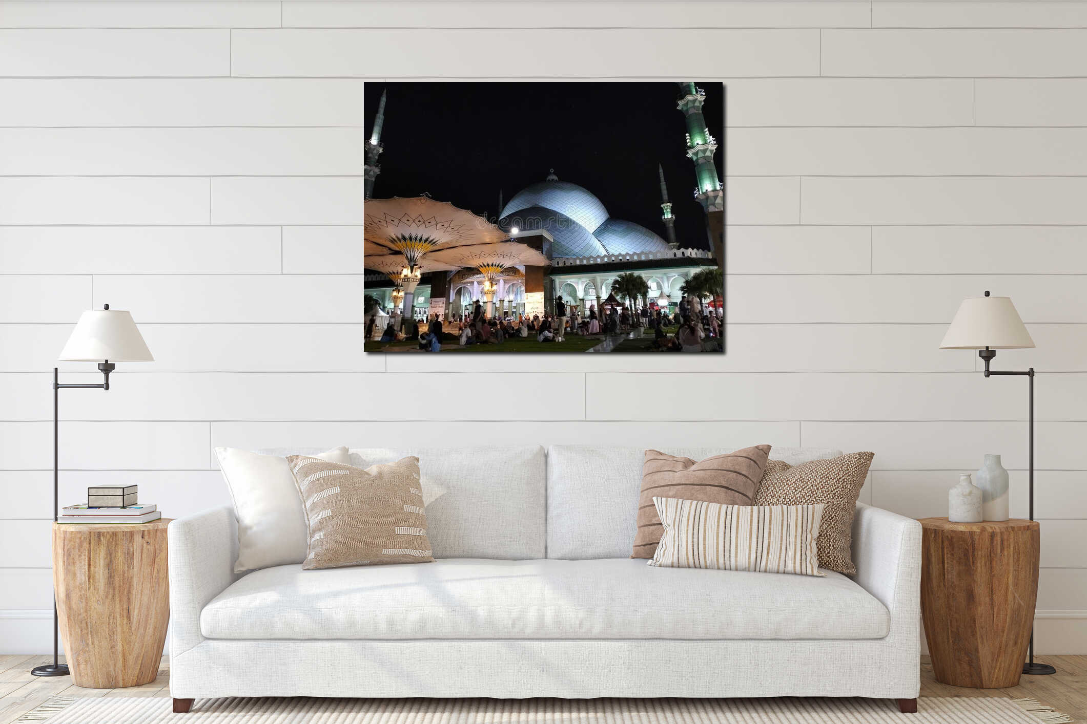 An impressive wide-angle photograph of the courtyard of the Al-Azhom Grand Mosque in Jakarta at night shows several large domes interior mockup
