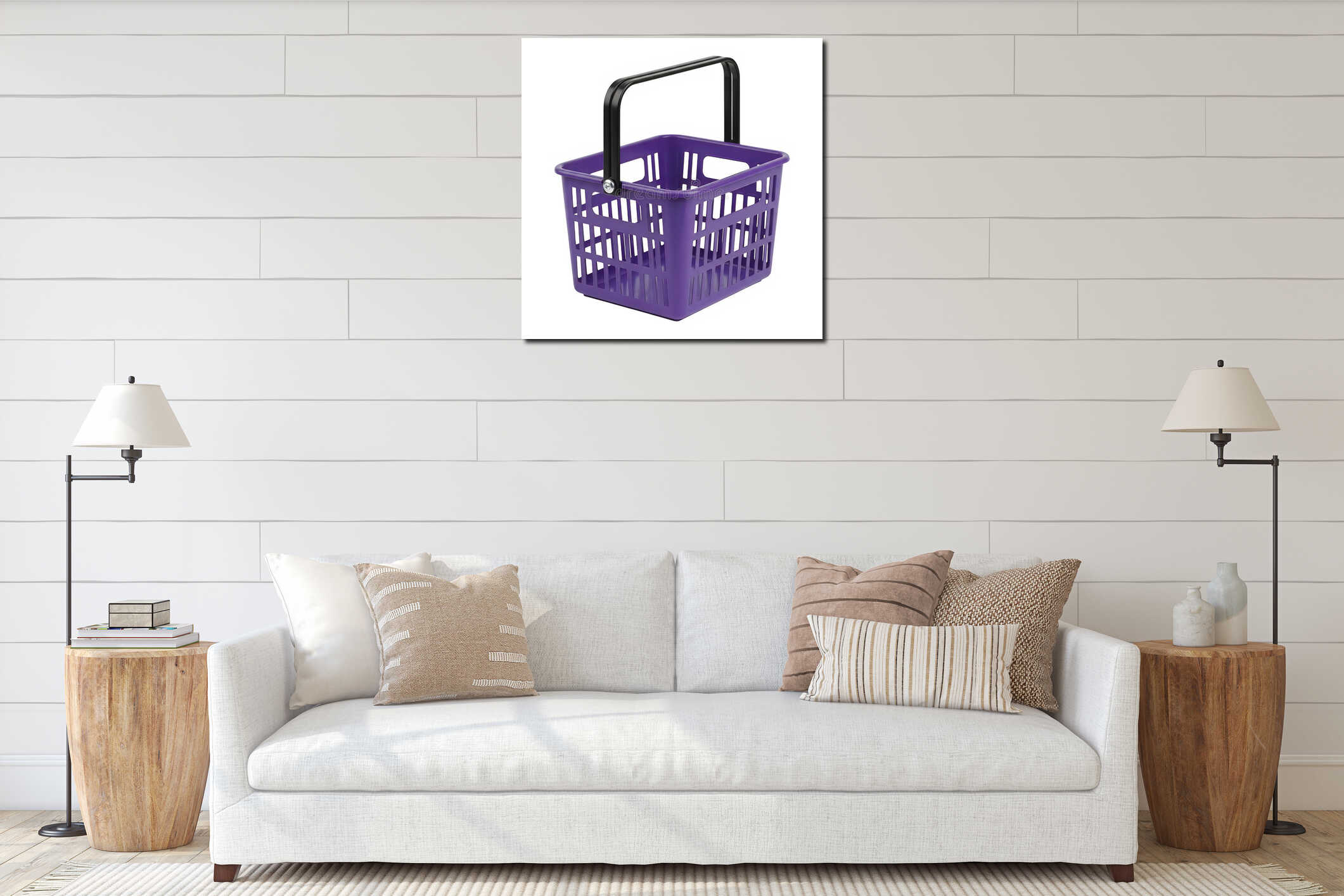 A sturdy purple plastic shopping basket with a handle for carrying groceries or items interior mockup
