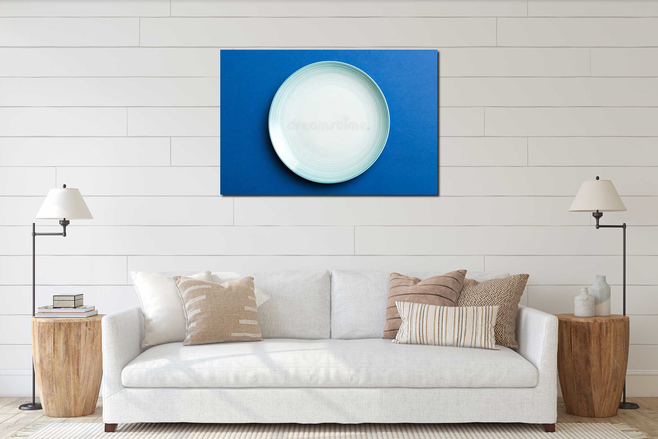 Top view of isolated of colored background empty round blue plate for food. Empty dish with space for your design interior mockup