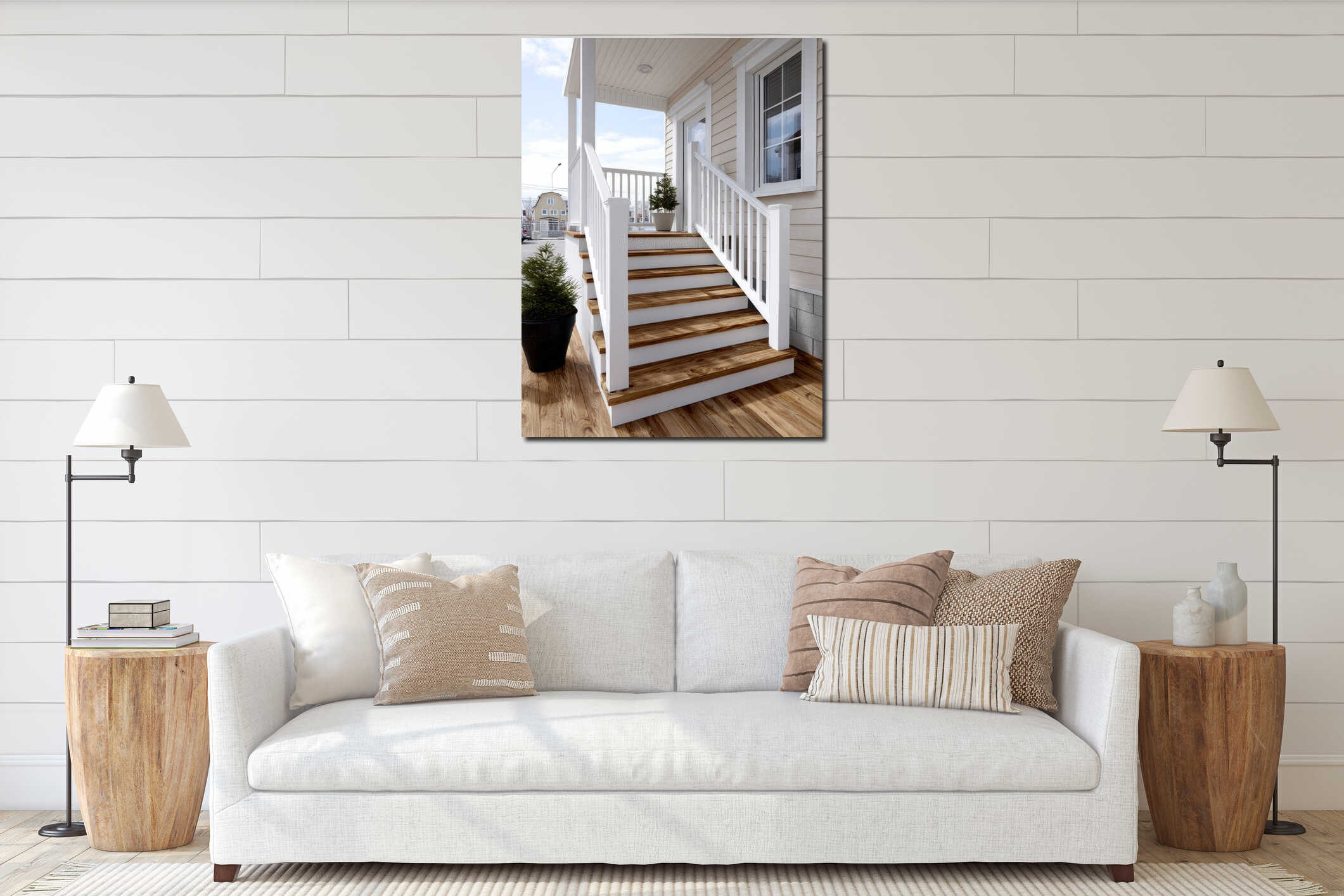 Elegant wooden porch steps with modern white railing interior mockup