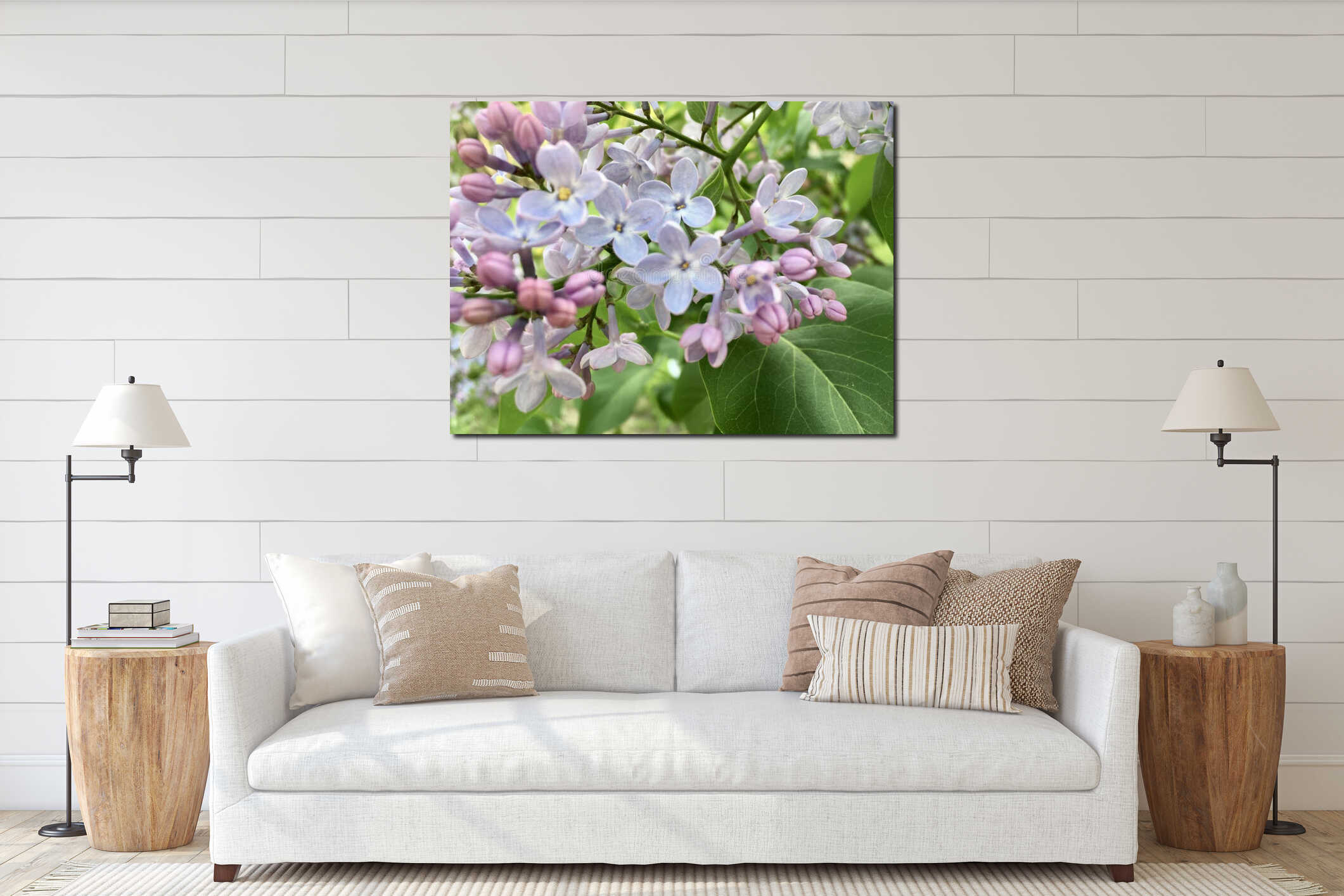 Light-purple lilac with five-petal flower in focus symbolizing luck surrounded with green leaves creating natural pattern interior mockup