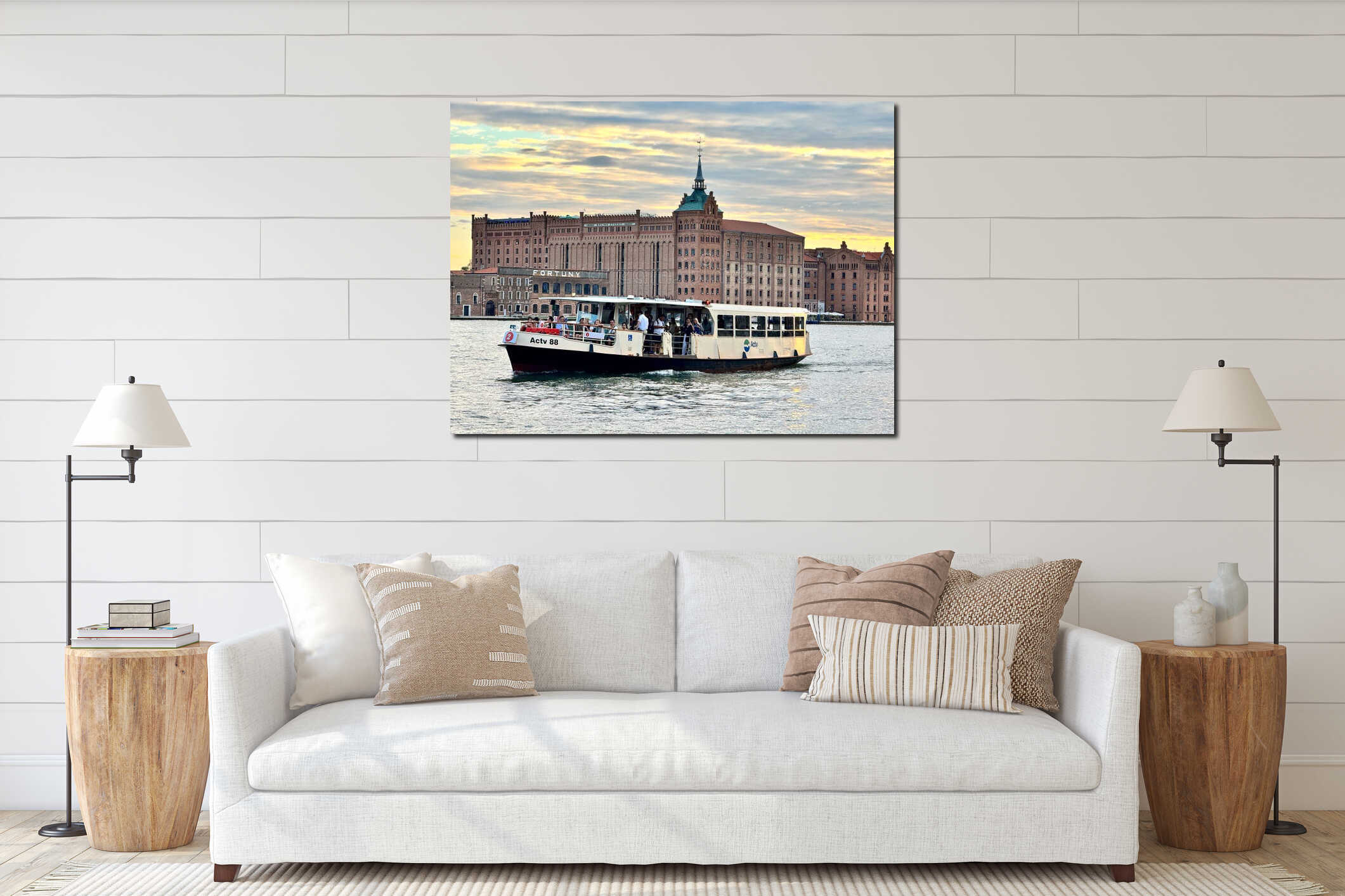 Venetian Water Bus Passing Historic Molino Stucky Building in Venice Italy interior mockup