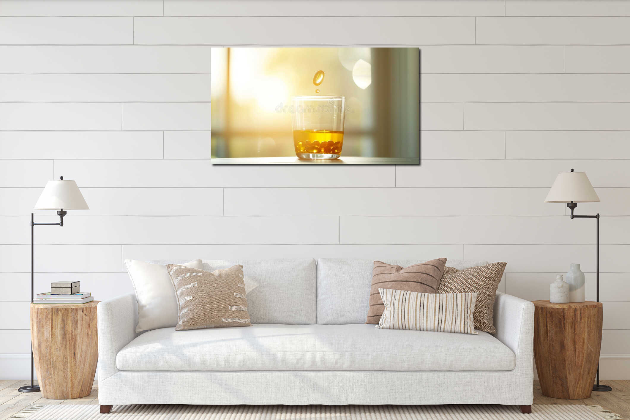 Golden Omega Fish Oil Capsules Falling Into Glass Of Liquid With Sun Backlight interior mockup