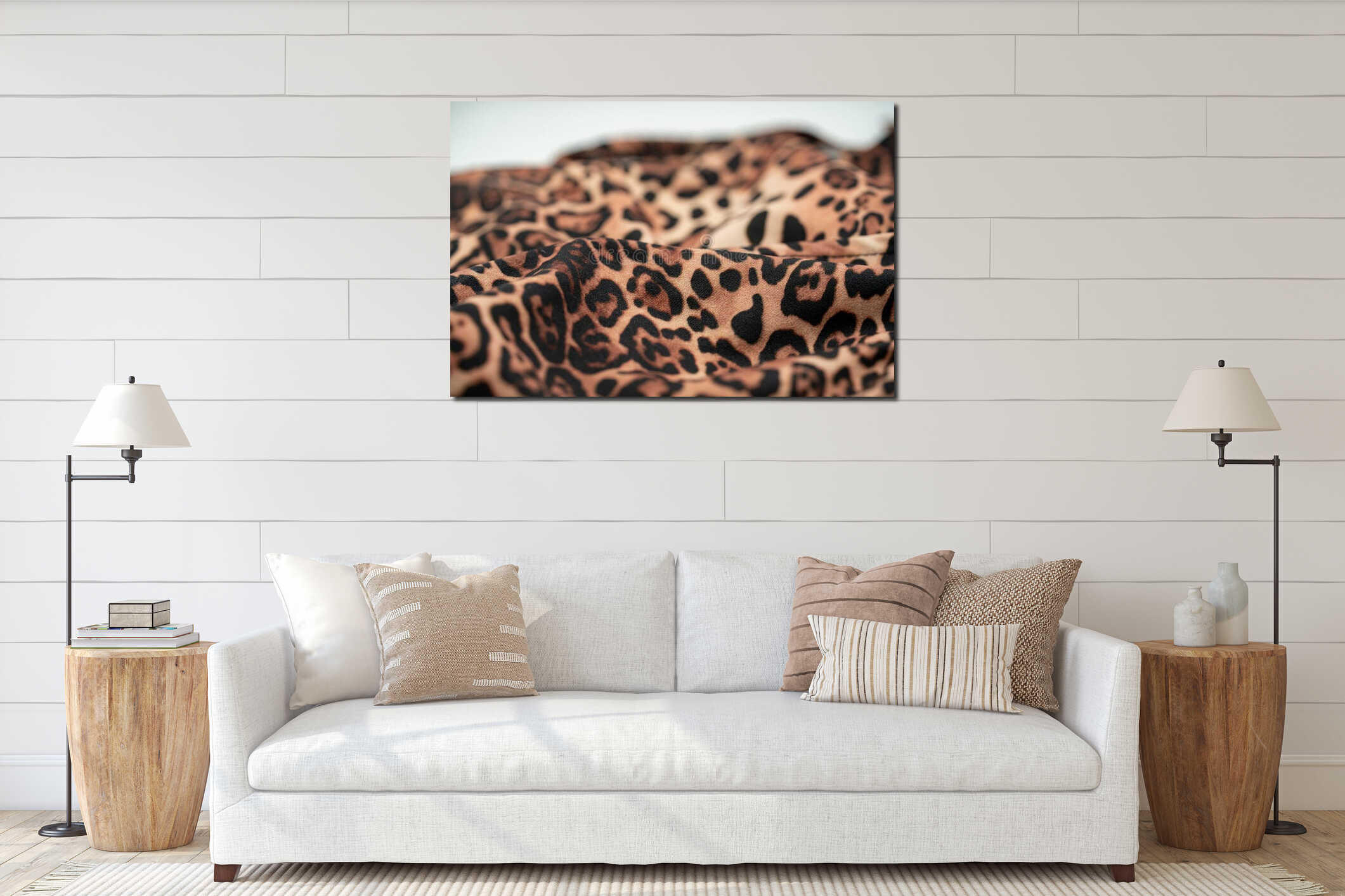 Close up of leopard print fabric texture with soft folds and pattern interior mockup