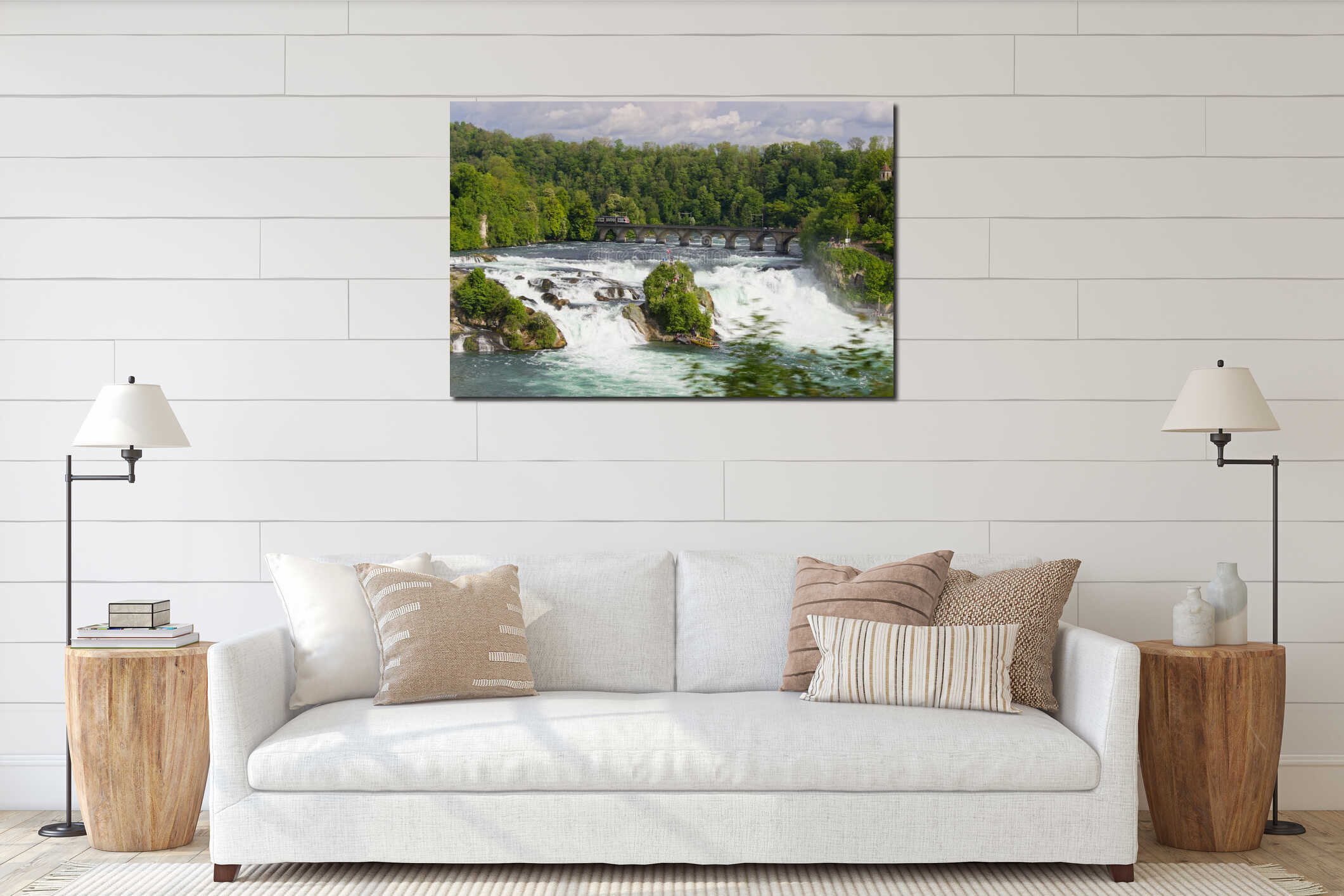 Panaroma of Rhine Falls with Tunnel, Bridge, Train, Falls, Rapids and Greenery interior mockup
