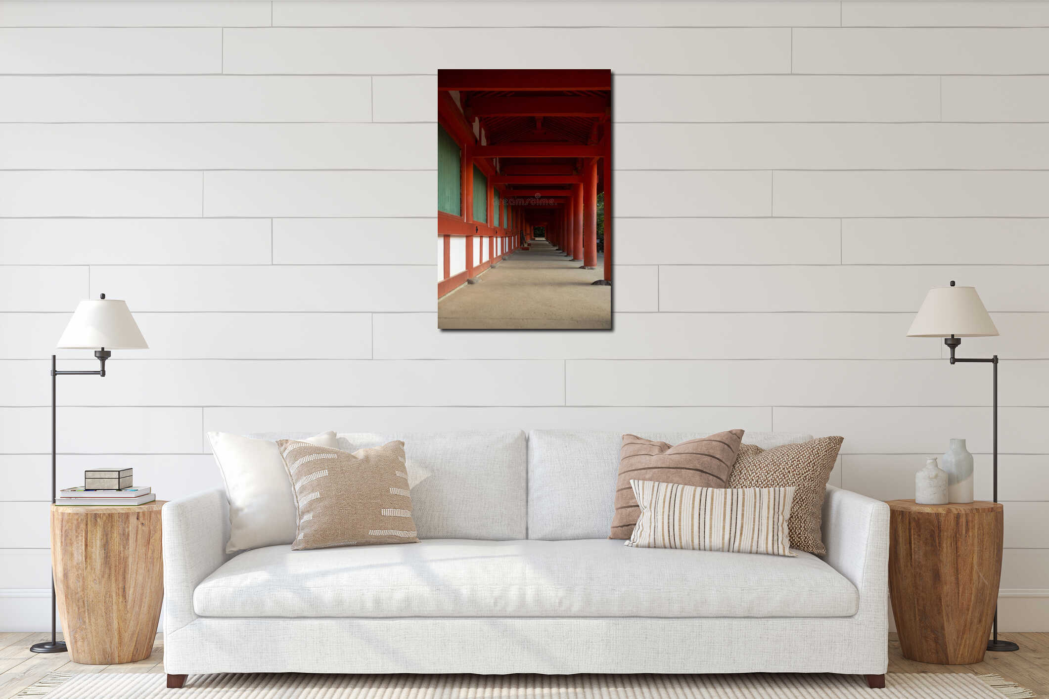 Red pillared corridor of traditional japanese temple with repeating columns and tranquil perspective interior mockup