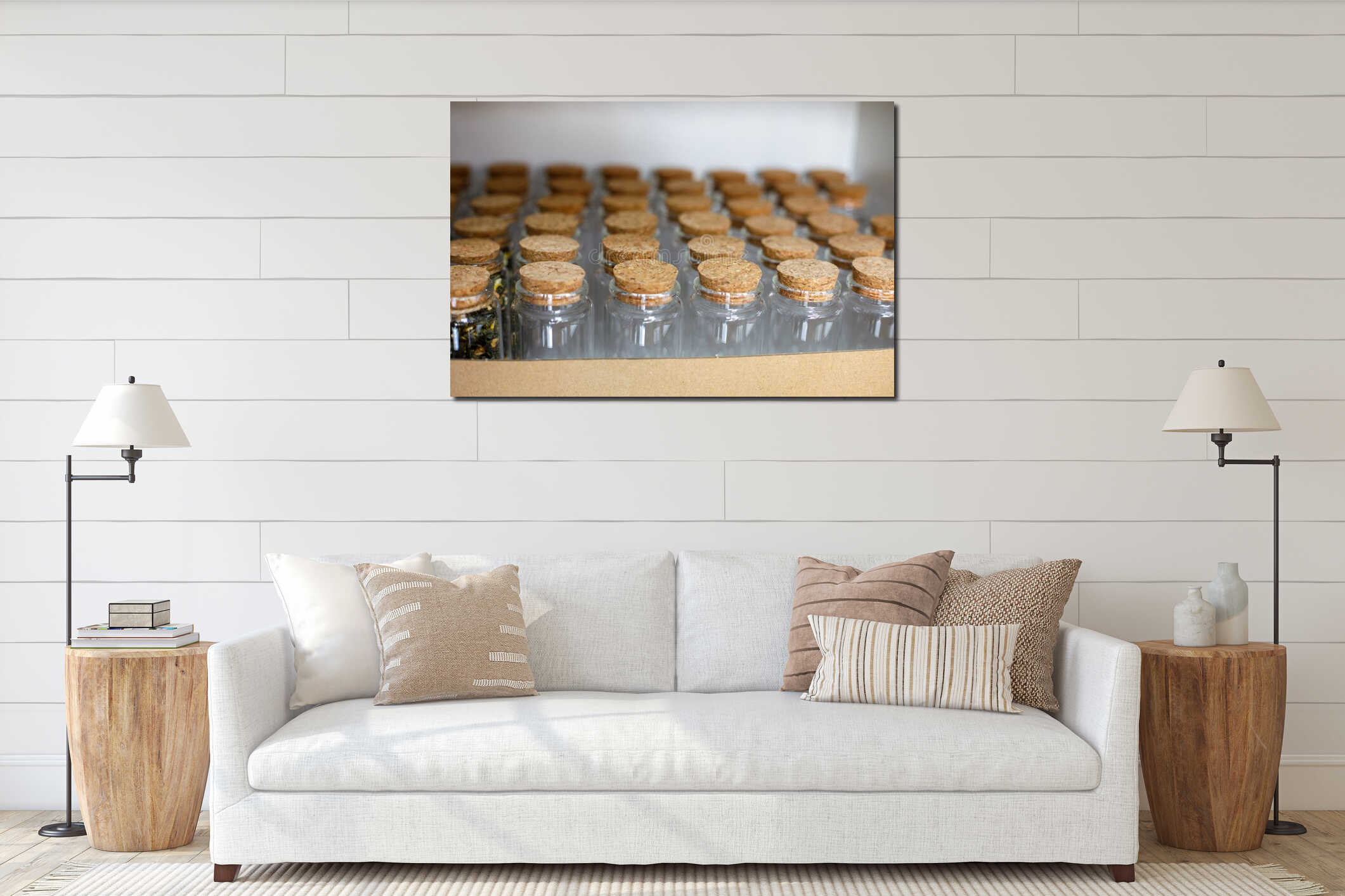 rows of small glass jars with cork lids arranged on wooden shelf interior mockup