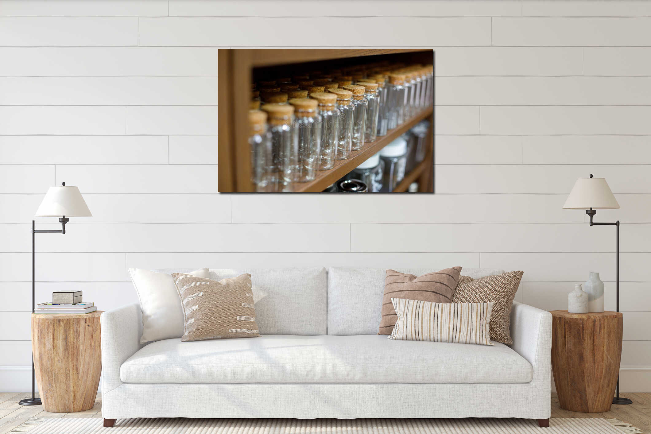 rows of small glass jars with cork lids arranged on wooden shelf interior mockup