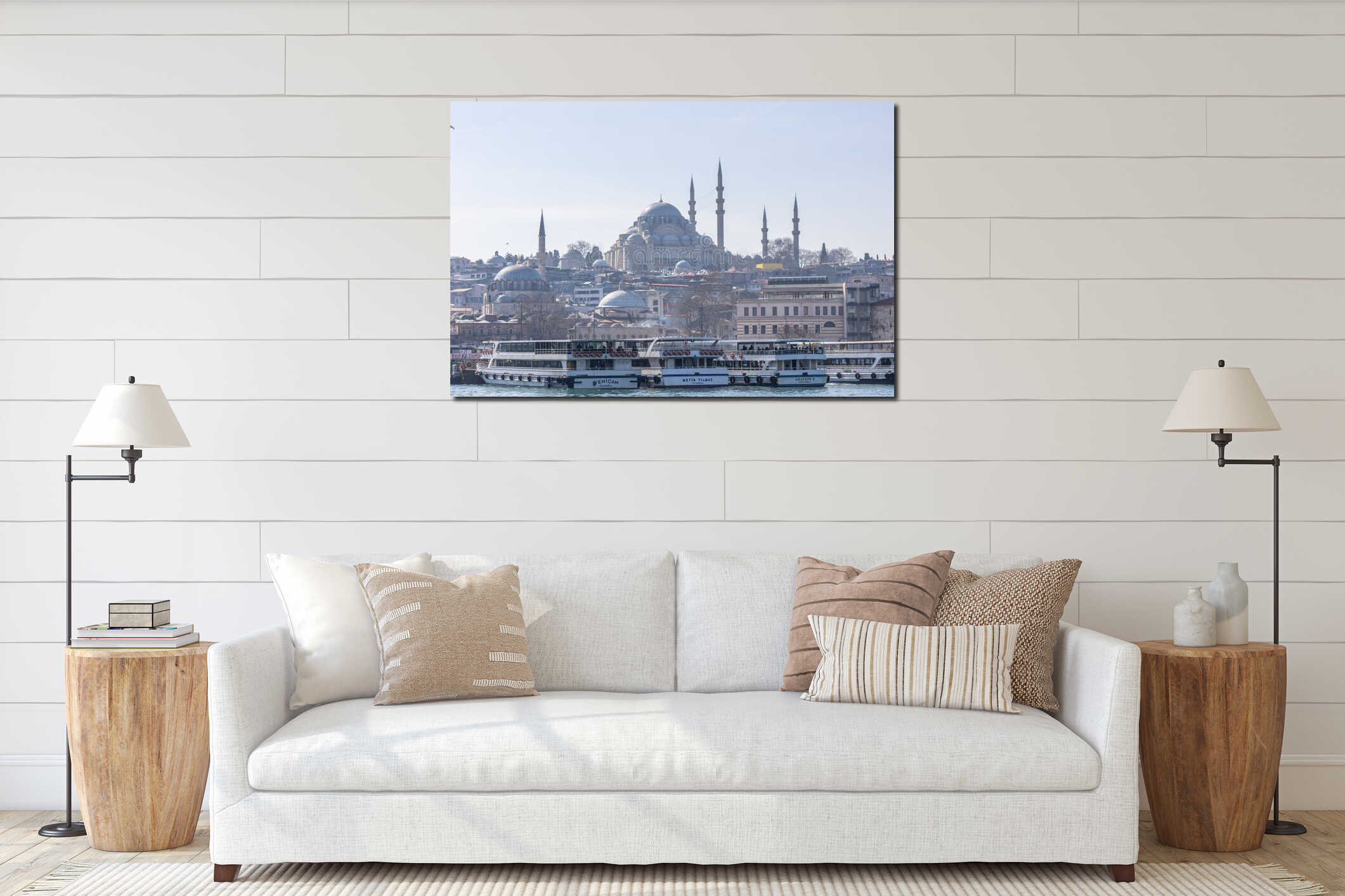 Istanbul skyline with Suleymaniye Mosque and Bosphorus ferries. interior mockup