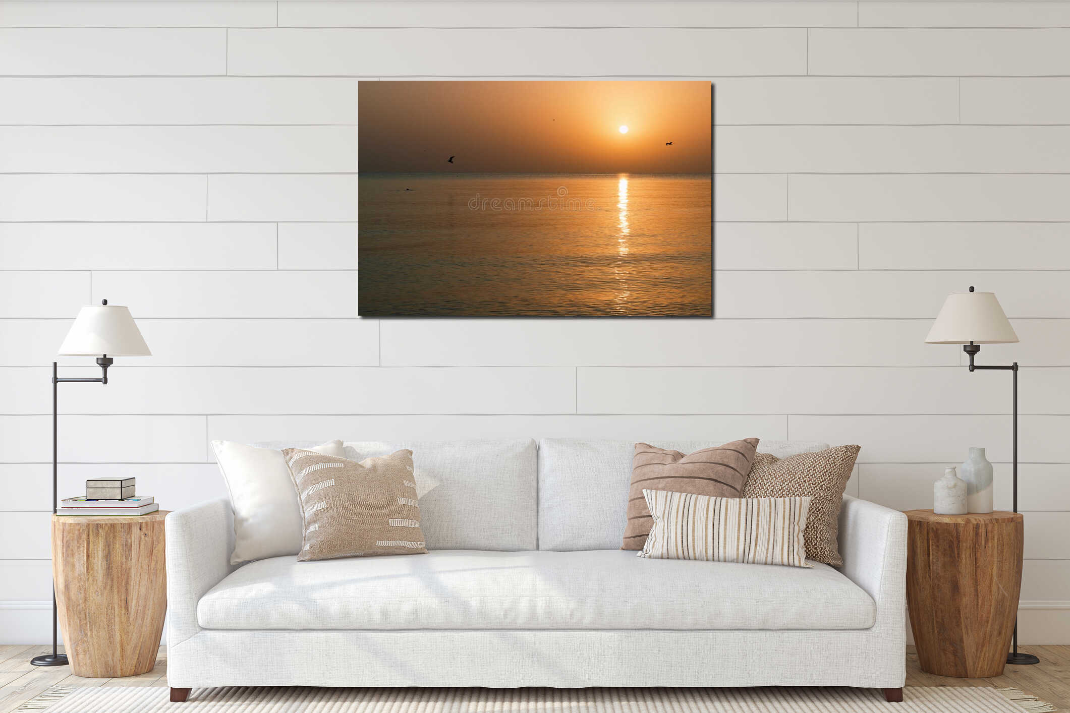 Spectacular sunset over the Black Sea at Mamaia Beach - Bird silhouettes and golden water reflections interior mockup
