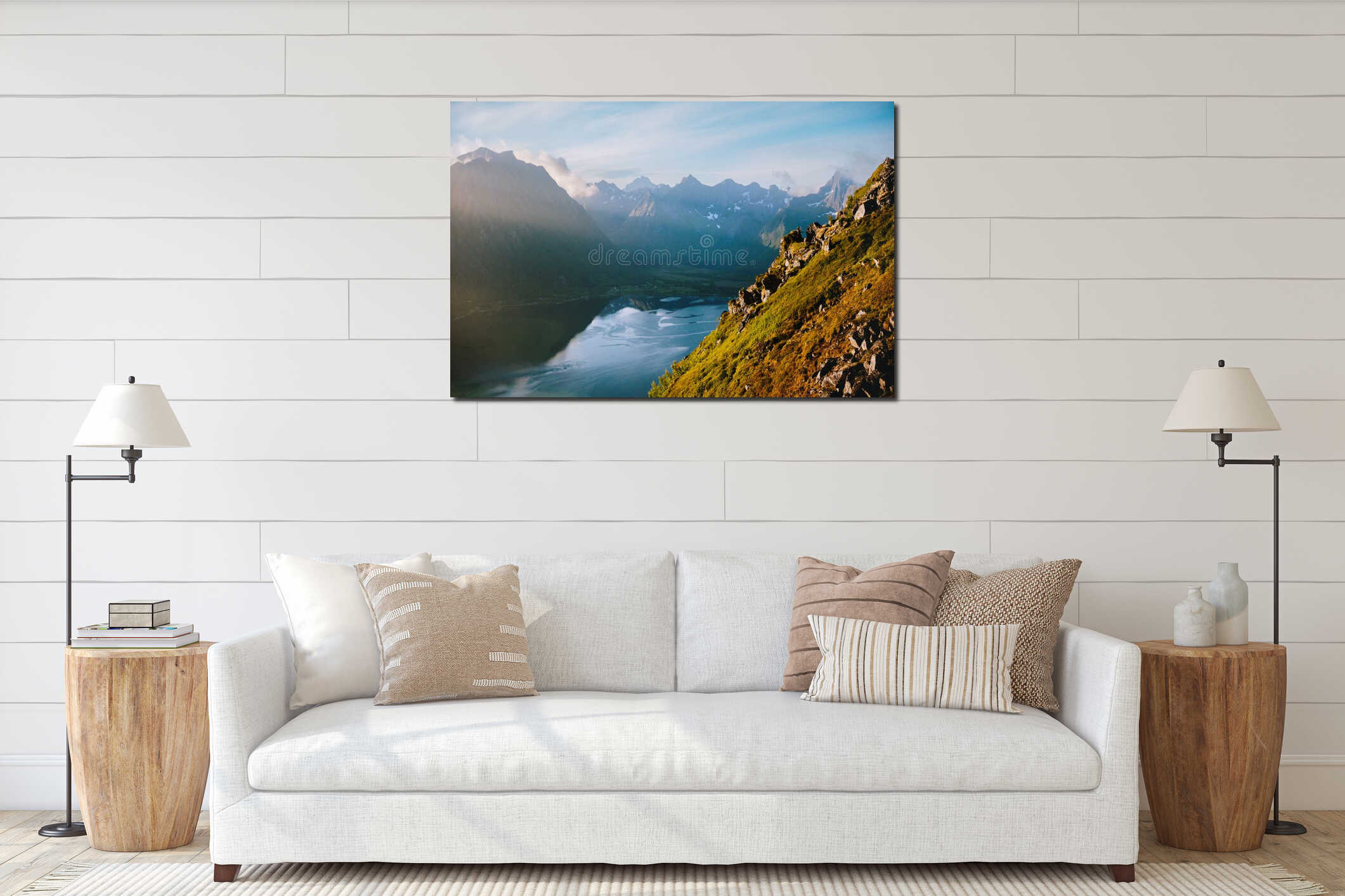 Mountains and fjord landscape in Norway aerial view Lofoten islands summer season morning tranquil scenery interior mockup