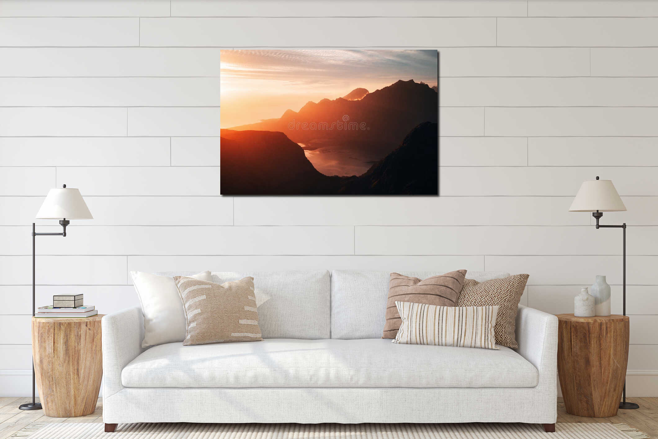 Aerial view Lofoten islands landscape mountains and fjord in northern Norway midnight sun tranquil scenery interior mockup