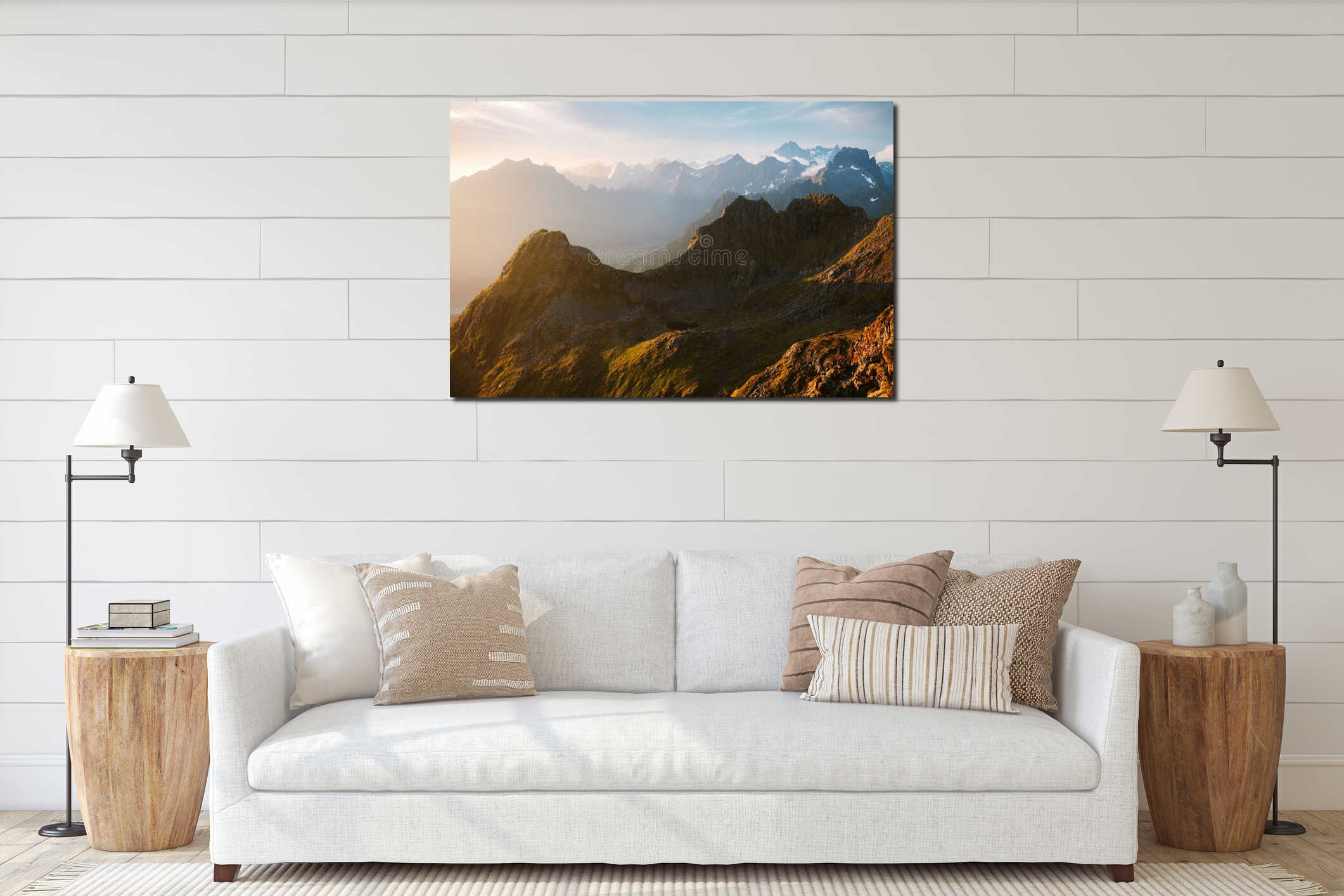 Mountains landscape in Norway aerial view Lofoten islands morning tranquil scenery interior mockup