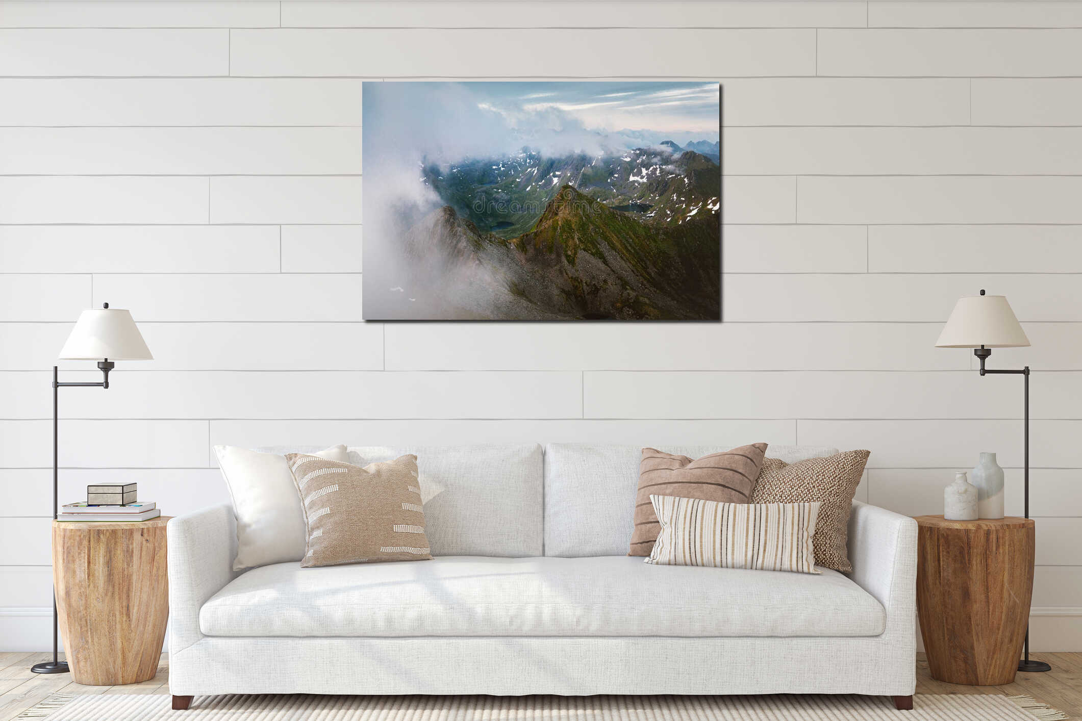 Aerial view Lofoten islands foggy mountains and lakes landscape in northern Norway moody scenic view interior mockup