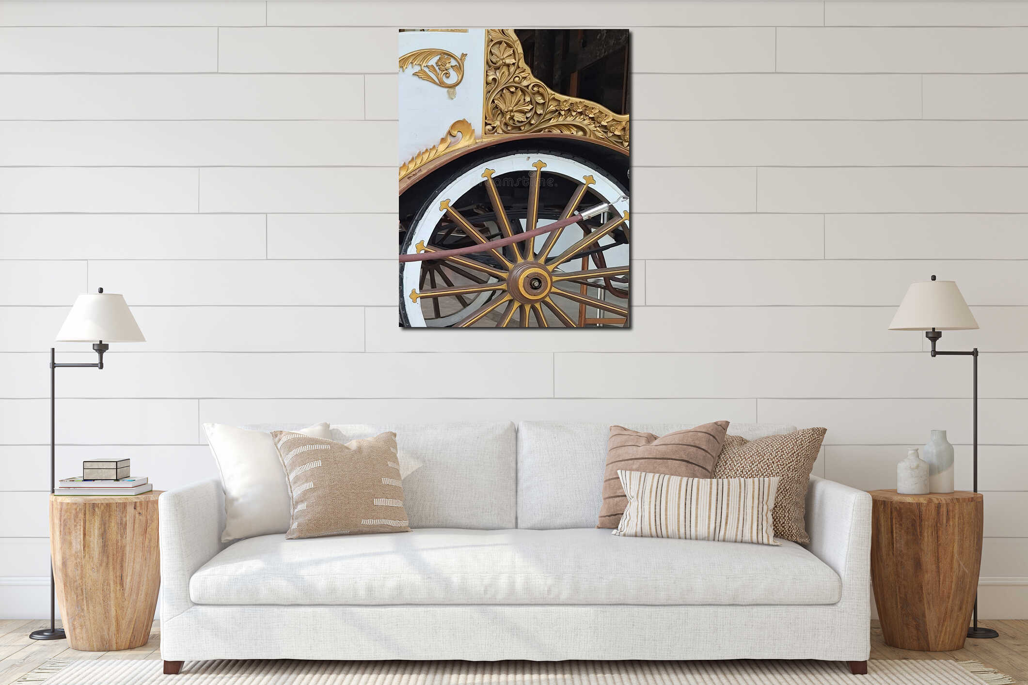 Luxury vintage carriage wheel with ornate gold carvings and white accents. Elegant royal transportation detail. interior mockup