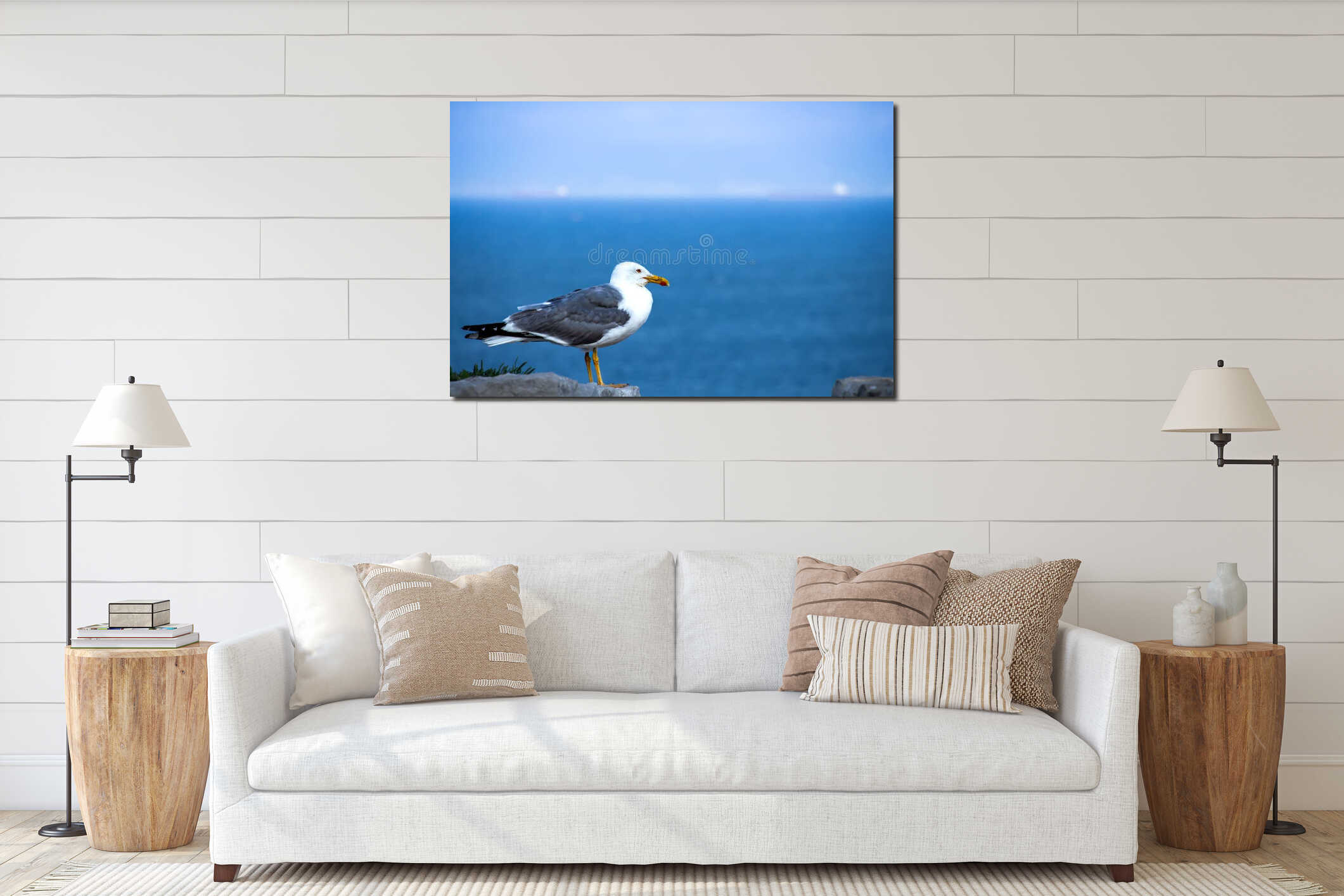 Seagull Perched by the Ocean interior mockup