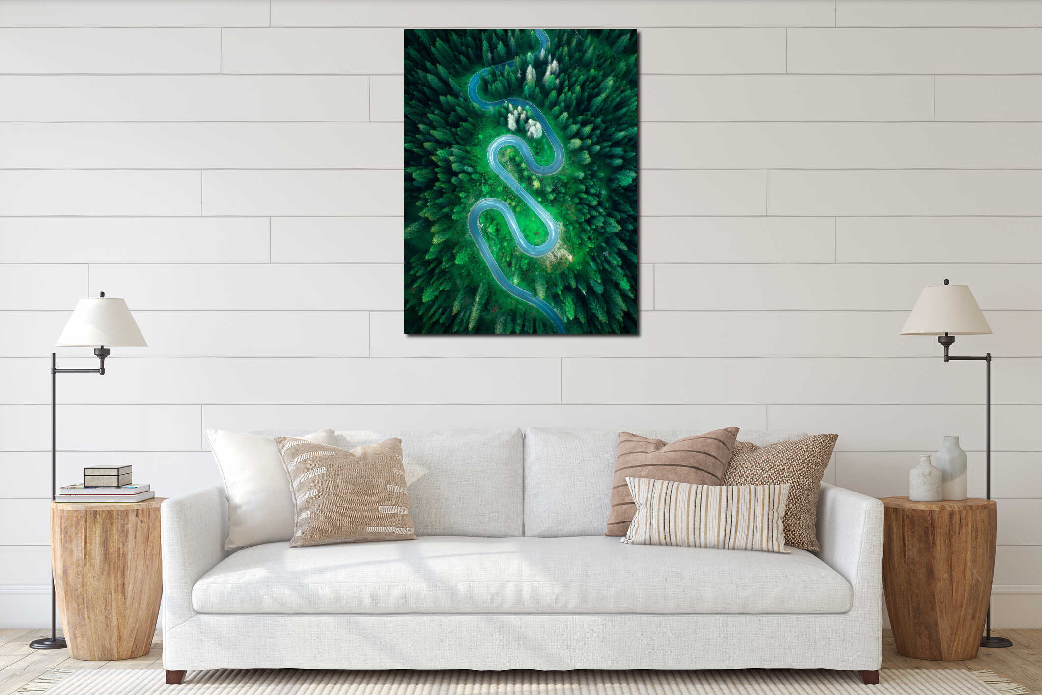 Aerial view of mountain snake road and green forest in summer interior mockup