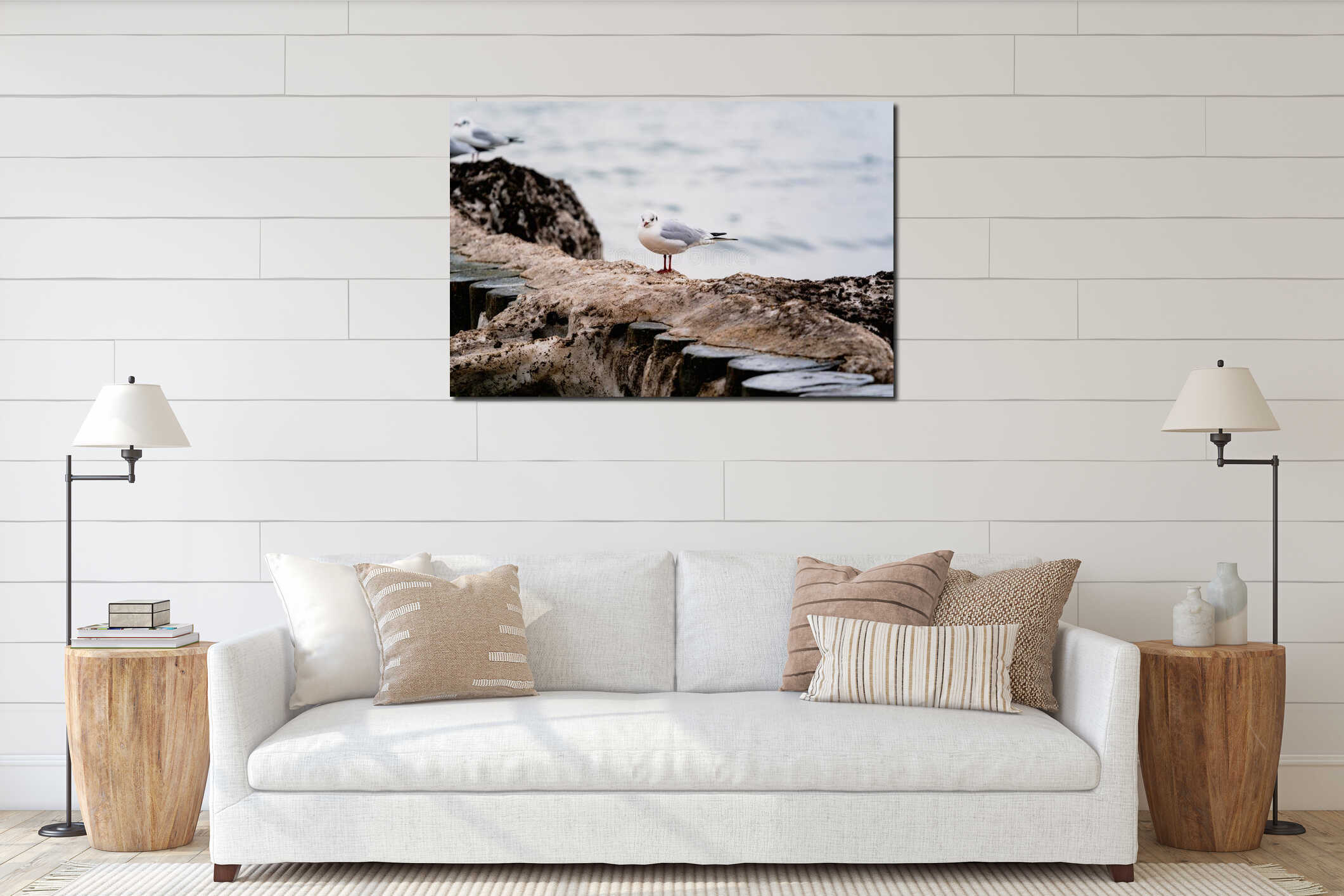 Seagull standing on a rock by the sea. Coastal bird in nature environment. Wild animal on stone shore near water. Wildlife interior mockup