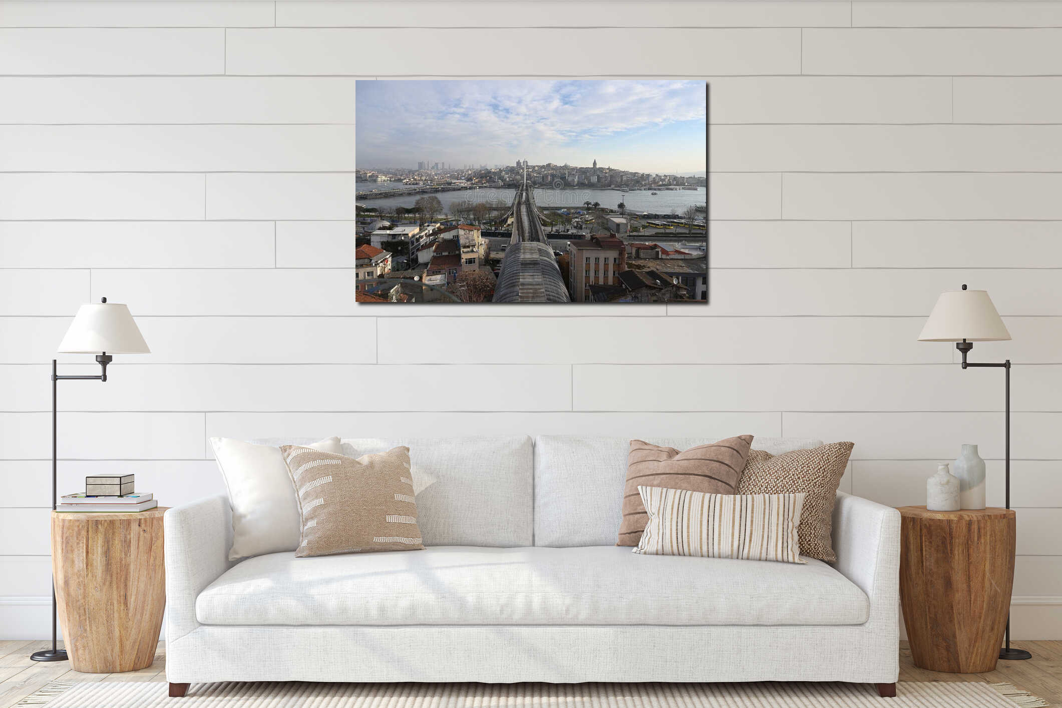 Sunny urban landscape with views of old Istanbul and the metro bridge across the Golden Horn Bay interior mockup
