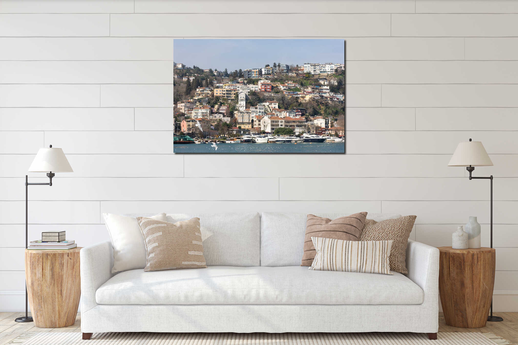 Istanbul waterfront architecture of Kurucesme district and luxury boats on Bosphorus. interior mockup